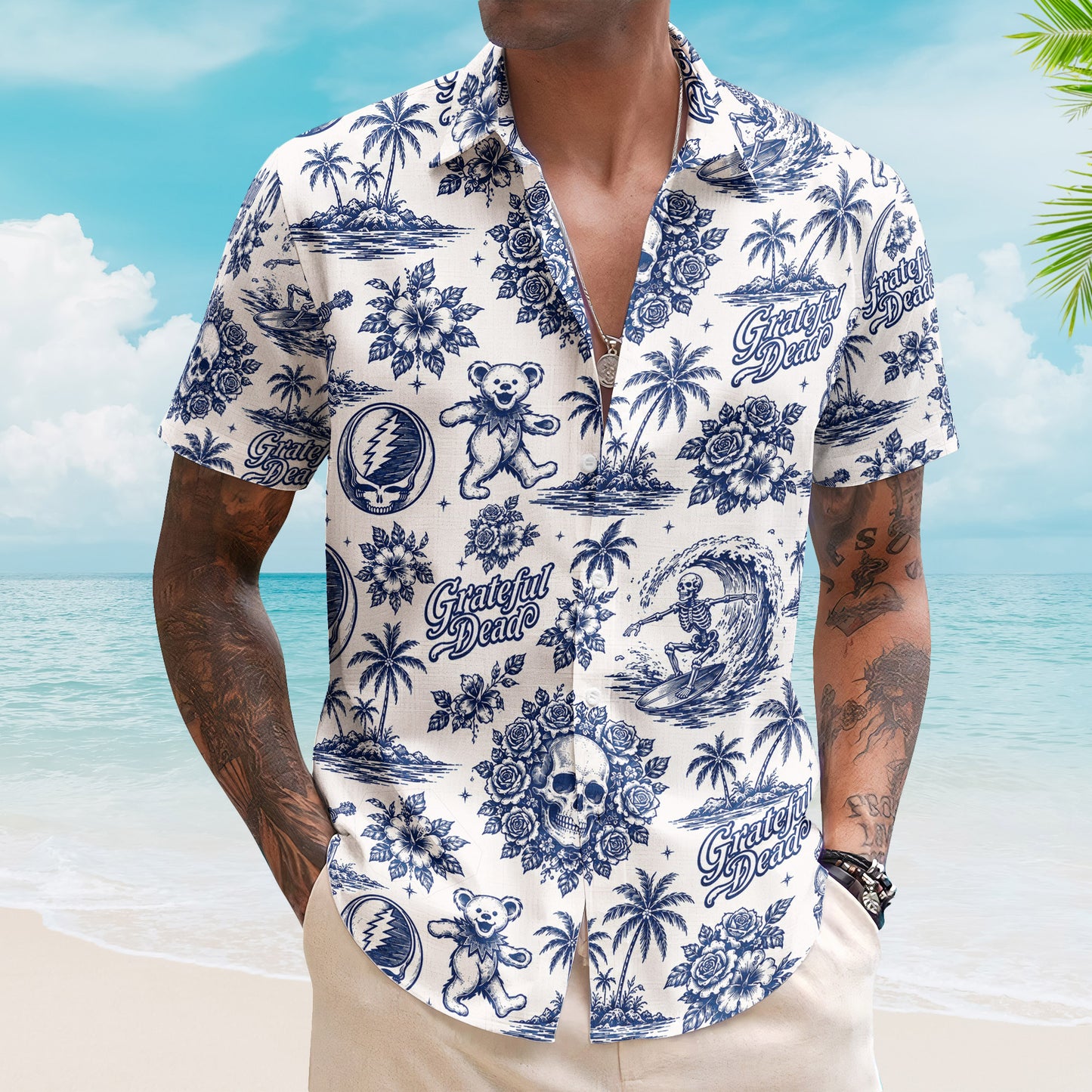 Grateful Dead Blue And White Porcelain Dancing Bears Hawaiian Shirt - Unisex Retro Surfing Skeleton Stealie Blue Willow Button Up