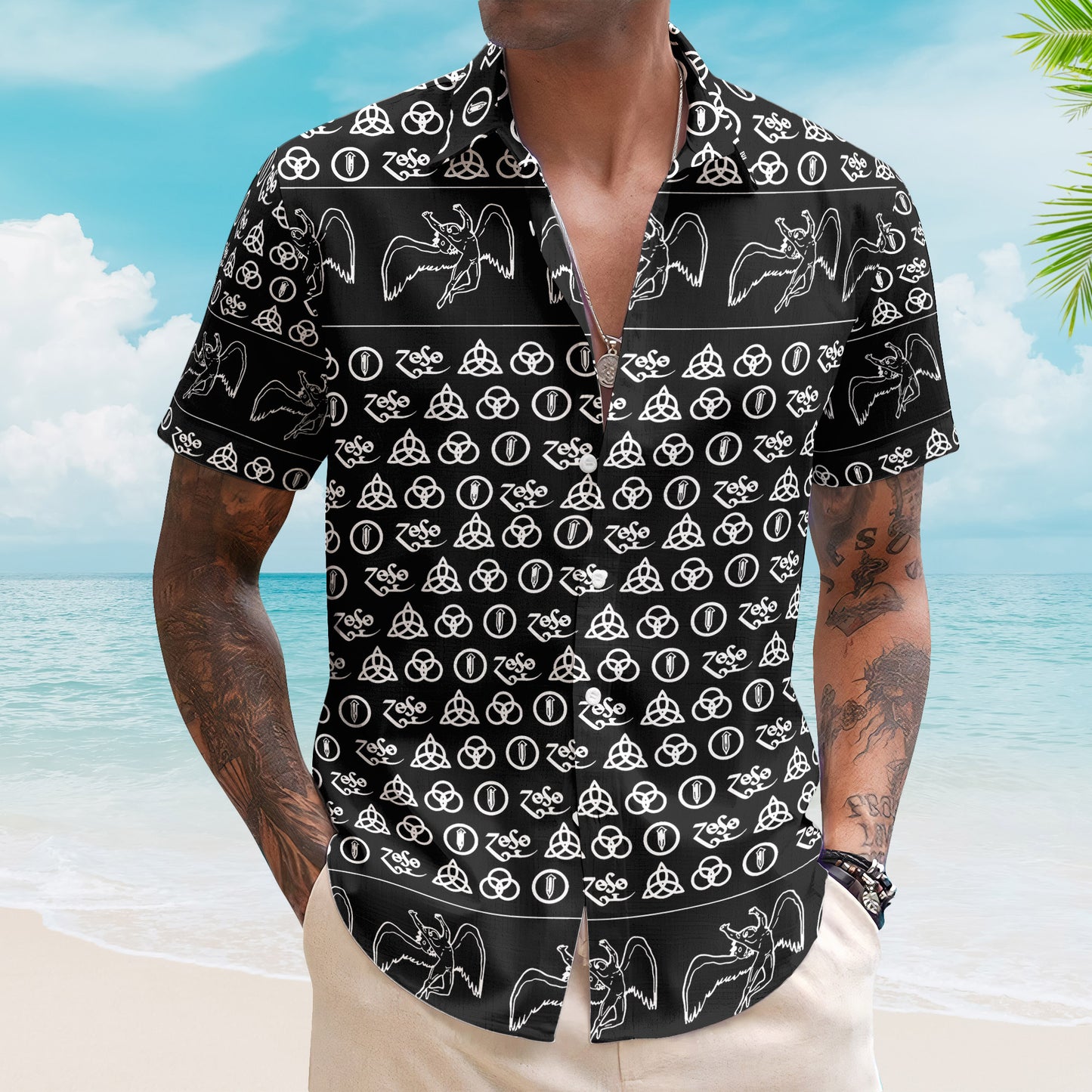 Led Zeppelin ZoSo Monogram Hawaiian Shirt – Unisex Swan Song Angel Graphic Collage Button Up