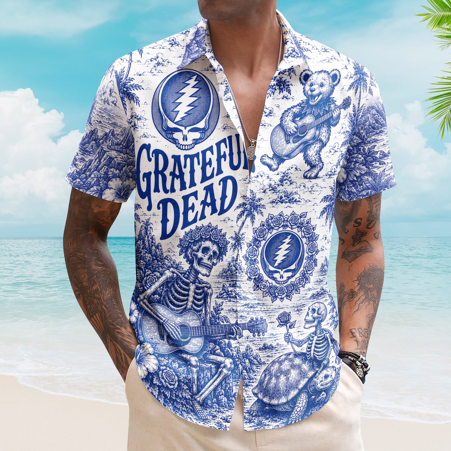 Grateful Dead Blue White Hawaiian Shirt - Unisex Vintage Terrapin Turtle Skeleton Blue Willow Button Up