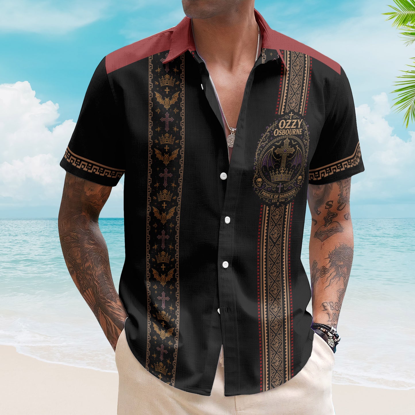 Ozzy Osbourne Hawaiian Shirt - Unisex Retro Bats Crowns Gothic Vertical Stripe Summer Button Up