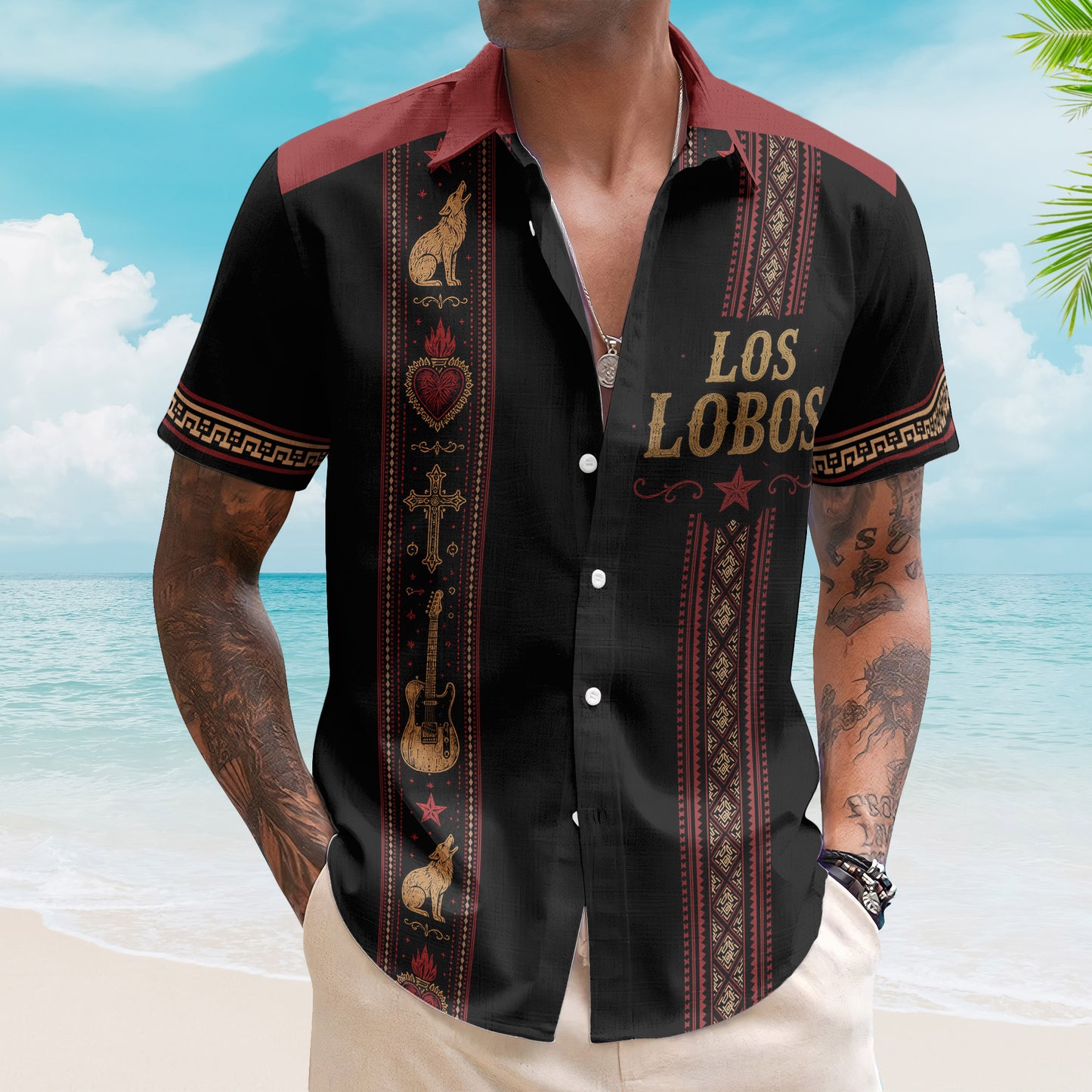 Los Lobos Hawaiian Shirt - Unisex Retro Howling Wolf Sacred Heart Vertical Stripe Button Up