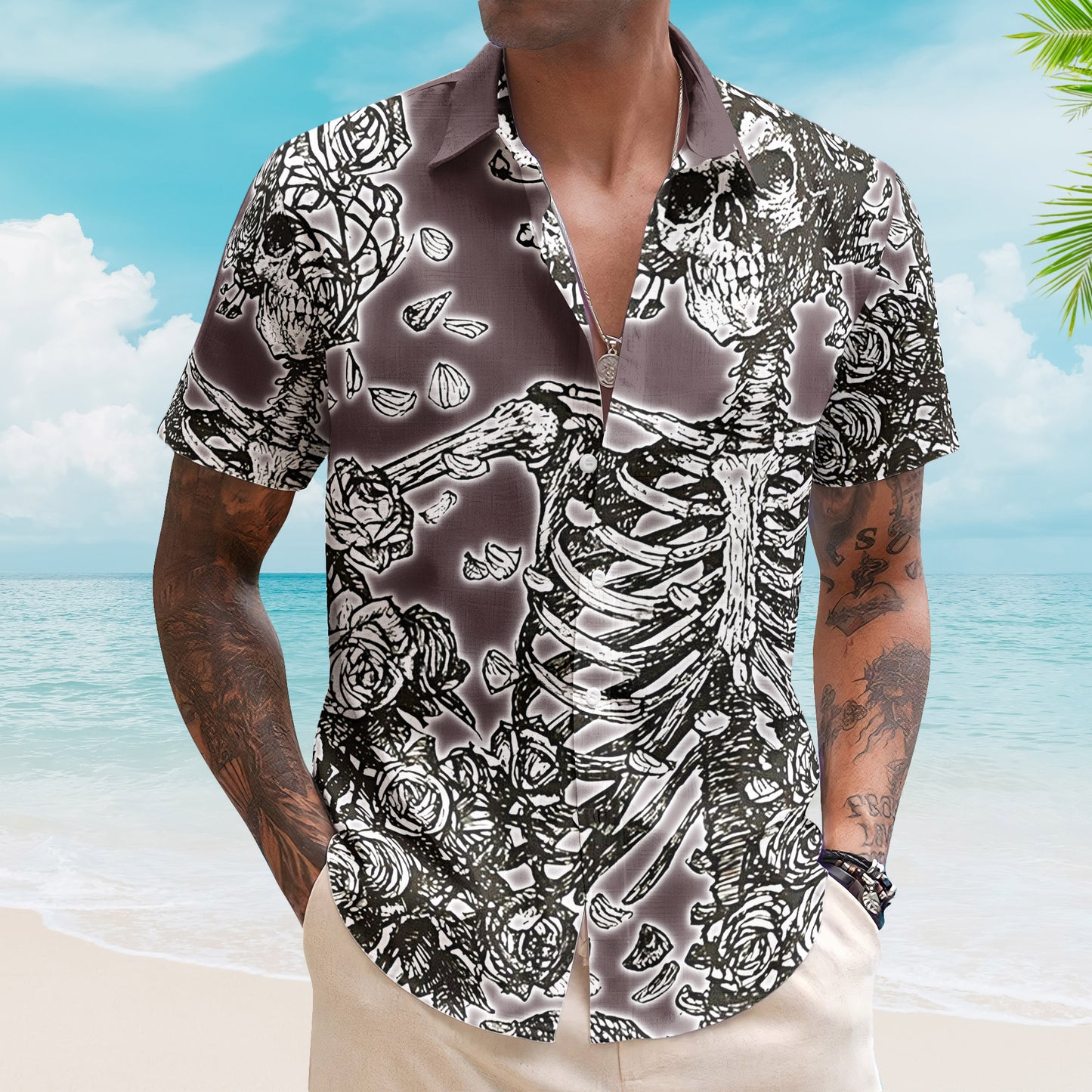 Grateful Dead Skull and Roses Hawaiian Shirt - Skeleton Bertha Gothic Charcoal Linework Beach Shirt - Retro Music Album Art Inspired