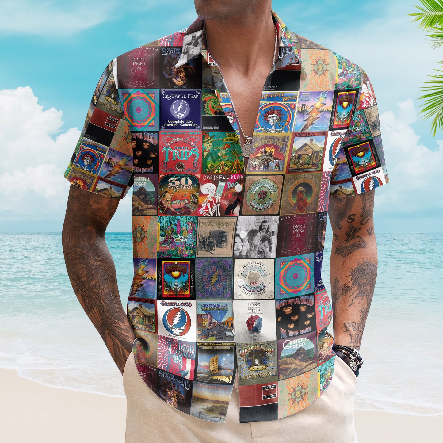 Grateful Dead Album Covers Hawaiian Shirt - Unisex Retro Music Album Art Mosaic Grid Colorful Button Up