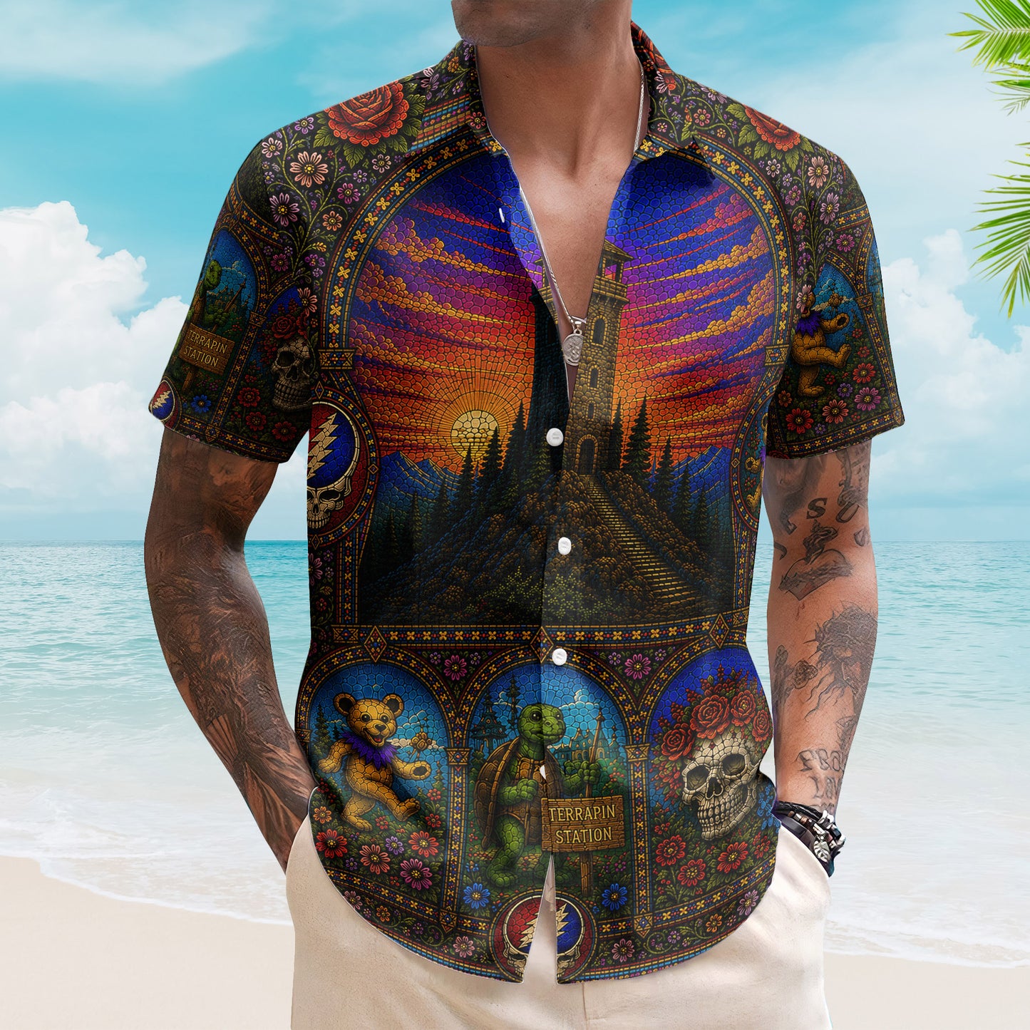 Grateful Dead Psychedelic Rock Concert Hawaiian Shirt - Unisex Gothic Stained Glass Dancing Bears Beach Button Up