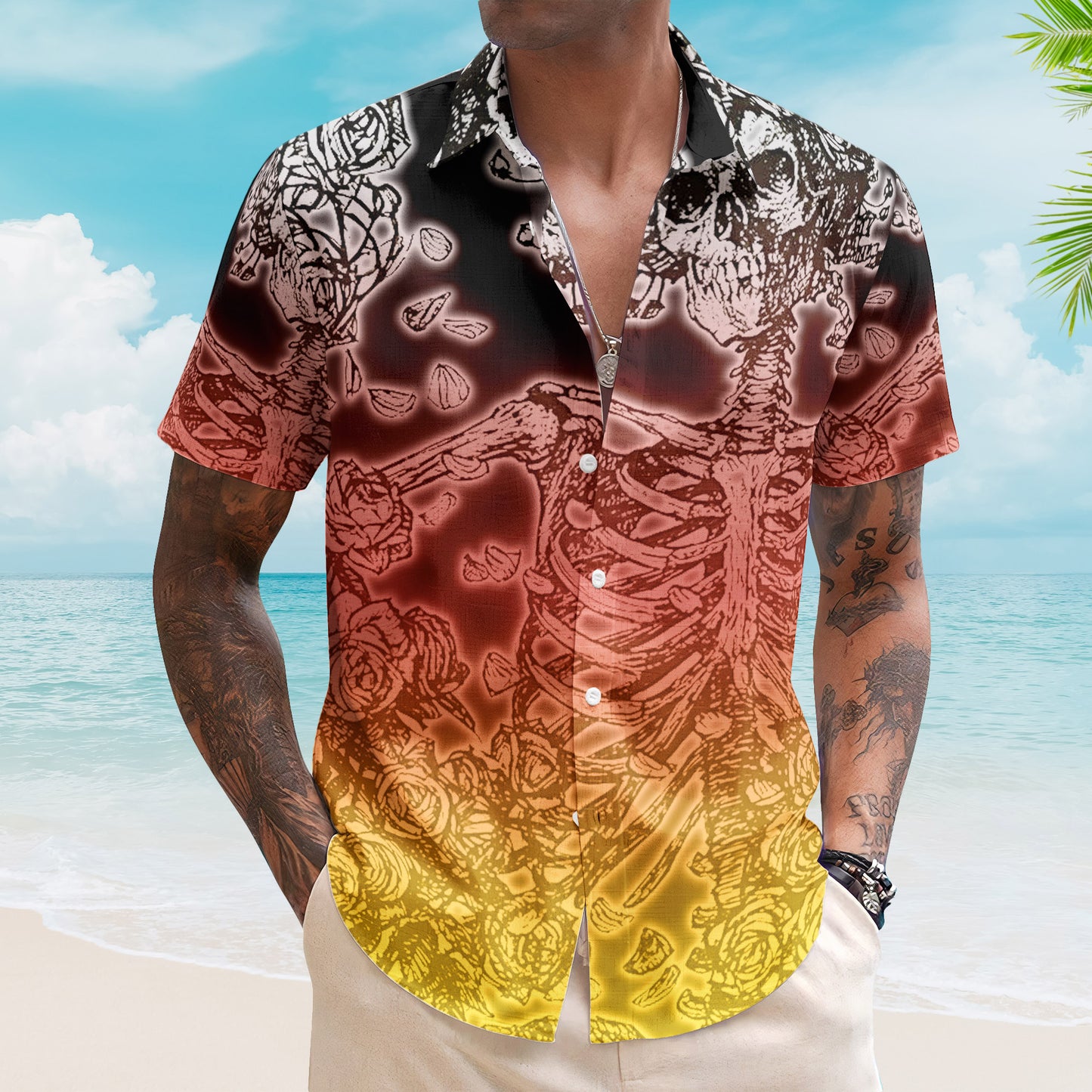 Grateful Dead Woodcut Sunset Bertha Skull and Roses Hawaiian Shirt – Retro Music Album Art Inspired Shirt