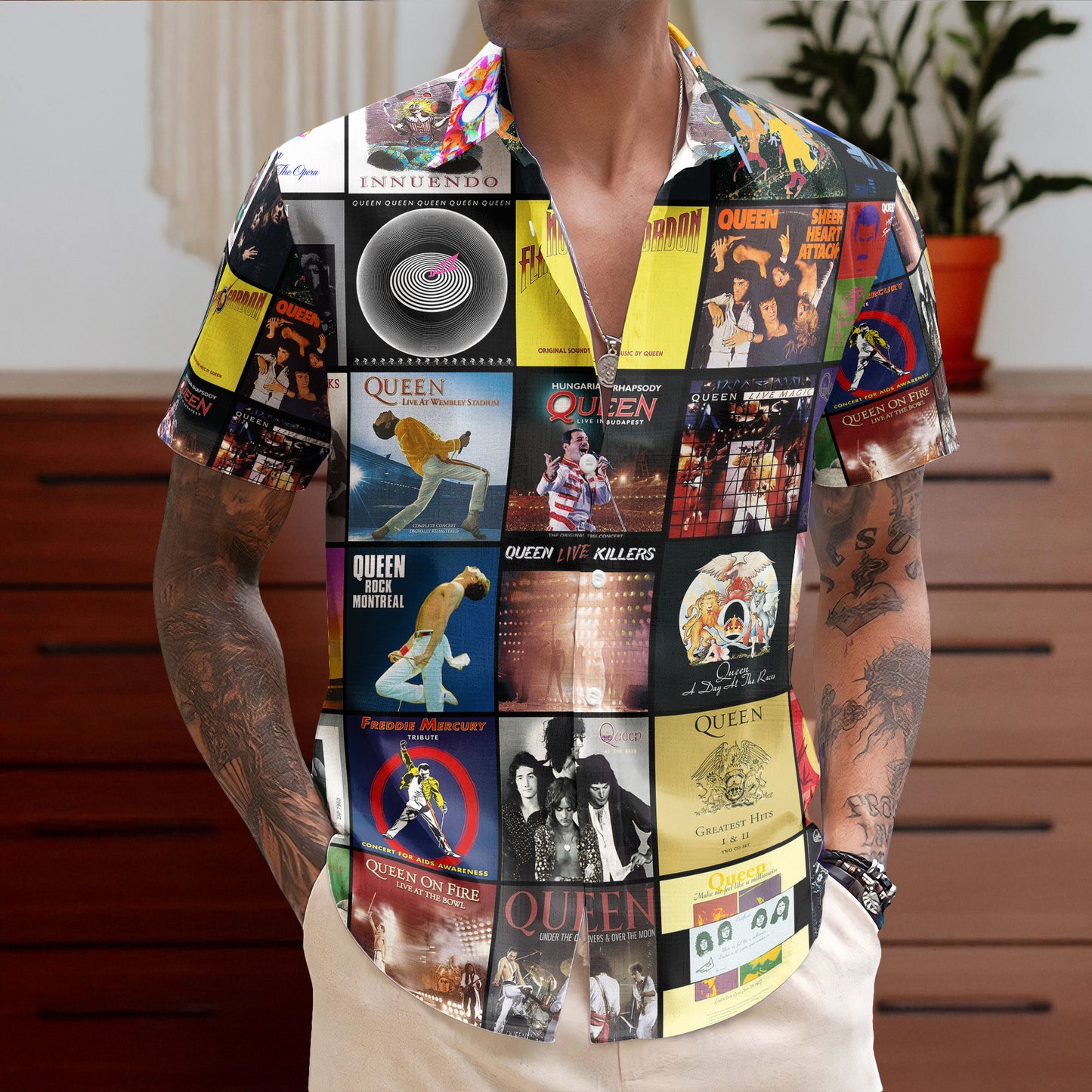 Queen Hawaiian Shirt – Album Cover Collage Classic Rock Summer Button Up