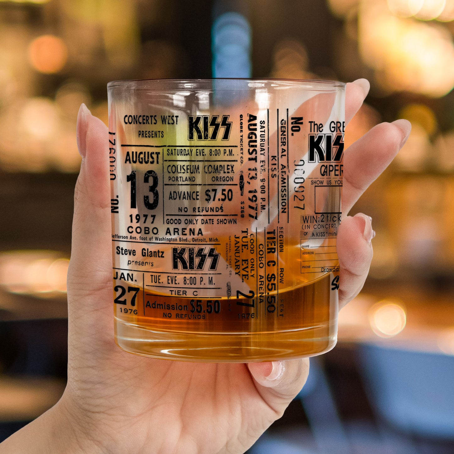 KISS Band Vintage Concert Ticket Printed Whiskey Glass - Multiple Designs Available Father's Day Gift (With Gift Box)