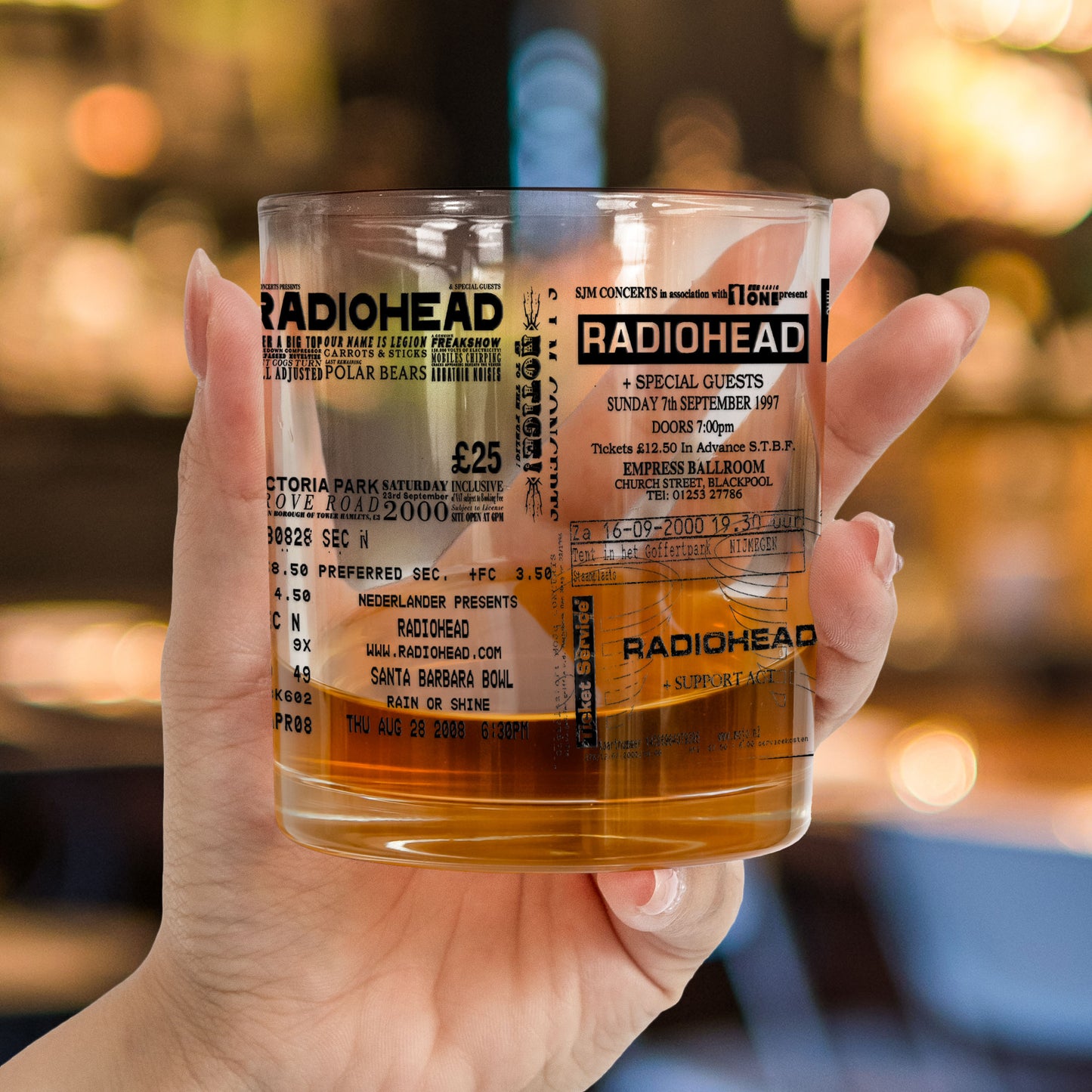 RadioHead Concert Ticket Printed Whiskey Glass - Multiple Designs Available Father's Day Gift (With Gift Box)