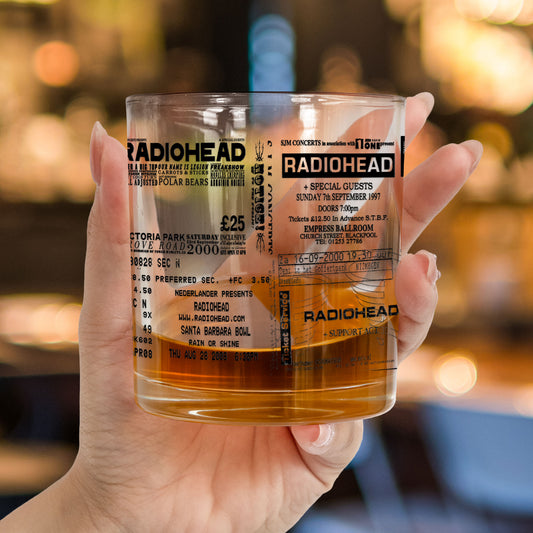 RadioHead Concert Ticket Printed Whiskey Glass - Multiple Designs Available Father's Day Gift (With Gift Box)