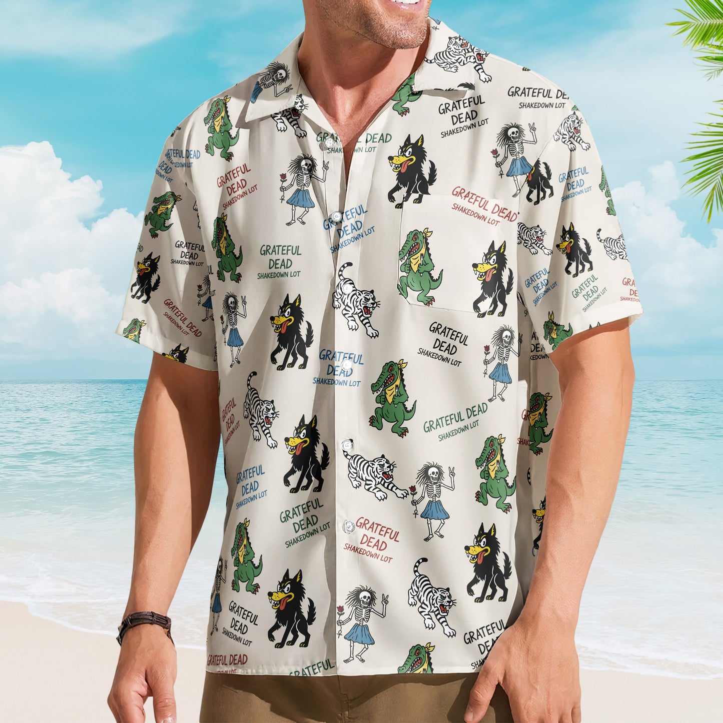 Grateful Dead Hawaiian Shirt - Unisex Cream Dancing Skeleton Summer Button Up
