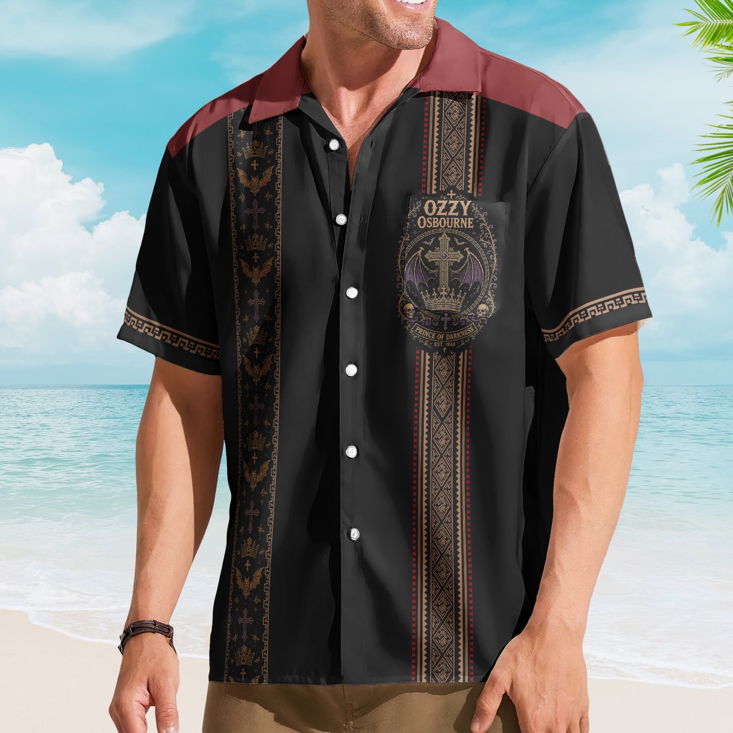 Ozzy Osbourne Hawaiian Shirt - Unisex Retro Bats Crowns Gothic Vertical Stripe Summer Button Up