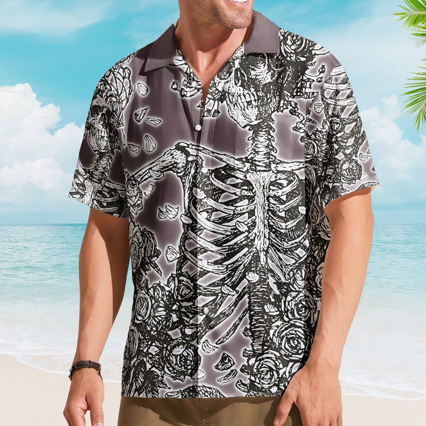 Grateful Dead Skull and Roses Hawaiian Shirt - Skeleton Bertha Gothic Charcoal Linework Beach Shirt - Retro Music Album Art Inspired