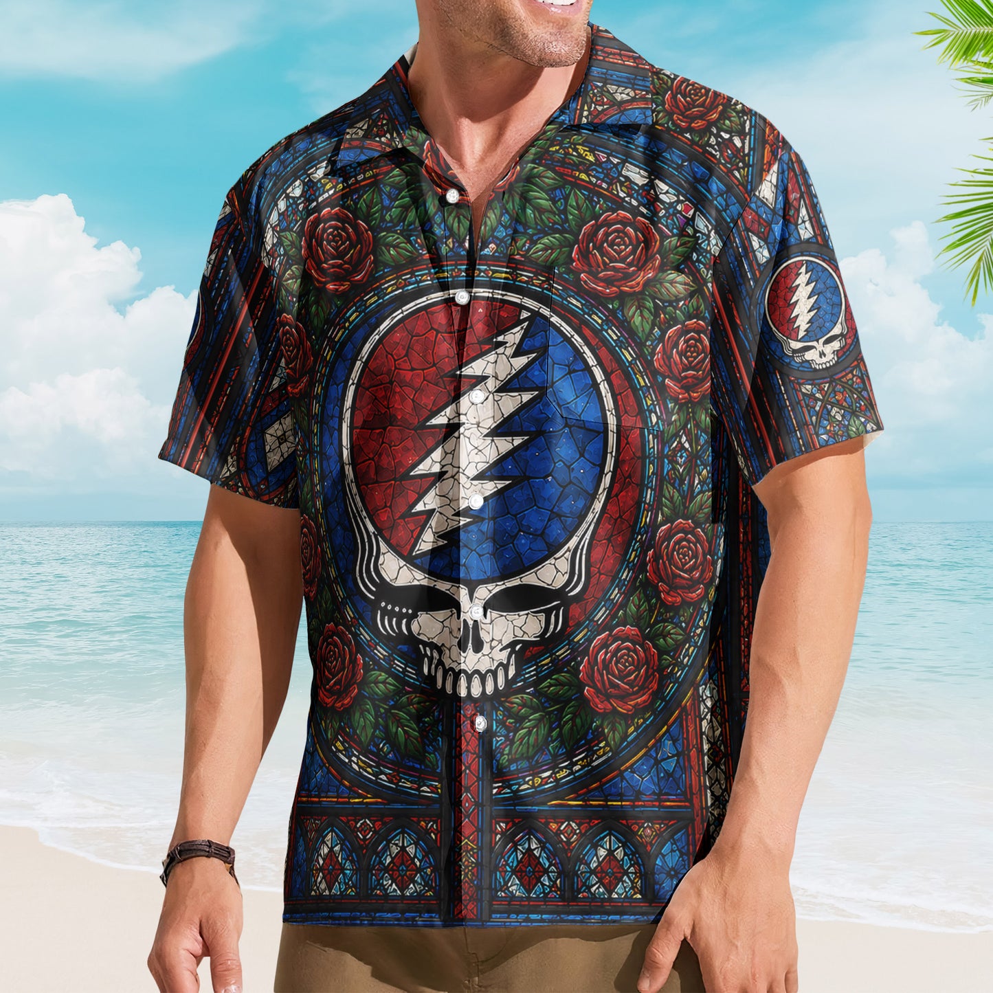 Grateful Dead Steal Your Face Hawaiian Shirt - Unisex Stained Glass Window Stealie Skull Lightning Bolt Button Up