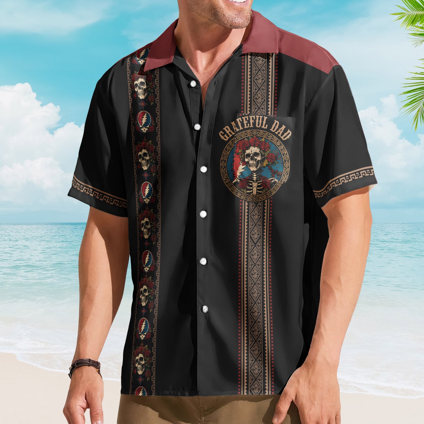 Grateful Dead Hawaiian Shirt - Unisex Retro Steal Your Face Bertha Skull Vertical Stripe Bowling Button Up