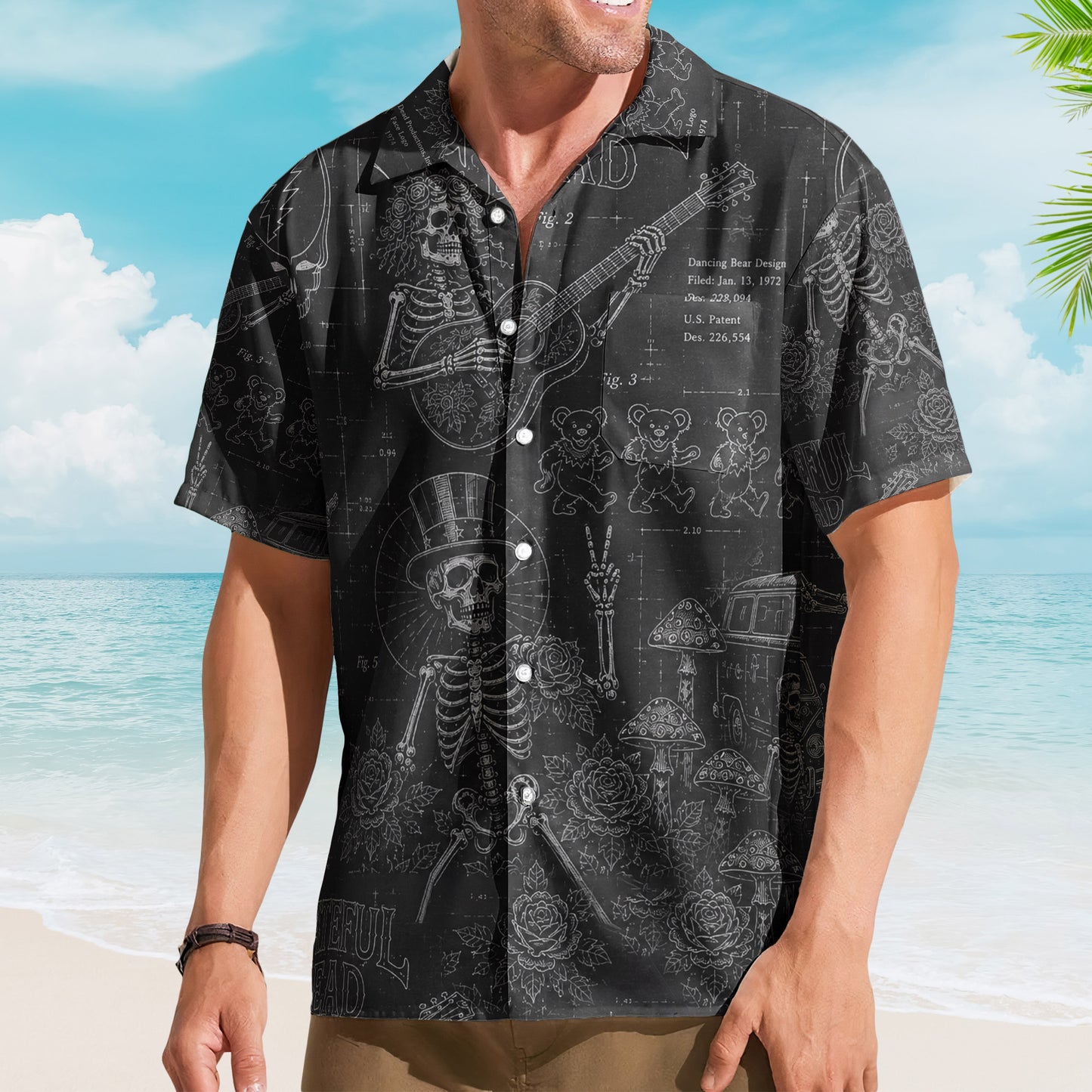 Grateful Dead Black Dancing Bears Patent Sketch Hawaiian Shirt - Unisex Retro Stealie Skull Skeleton Button Up