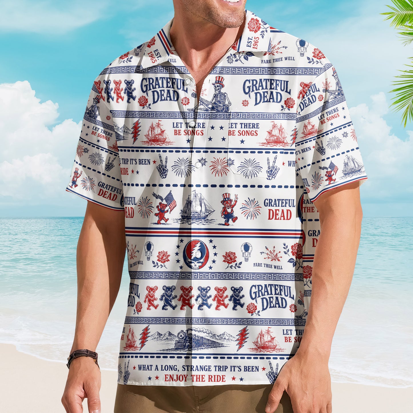 Grateful Dead Hawaiian Shirt - Unisex Americana Stealie Skull Red White Blue Summer Button Up