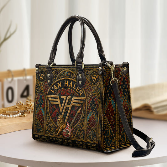 Van Halen Leather Handbag, Tote Bag and Wallet Set, Vintage Stained Glass Rock Band Design, Classic Rock Music Fan Gift
