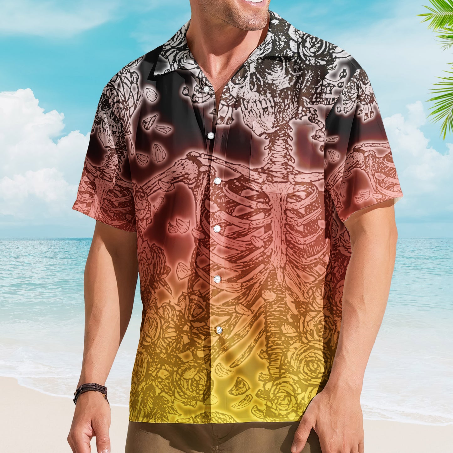 Grateful Dead Woodcut Sunset Bertha Skull and Roses Hawaiian Shirt – Retro Music Album Art Inspired Shirt