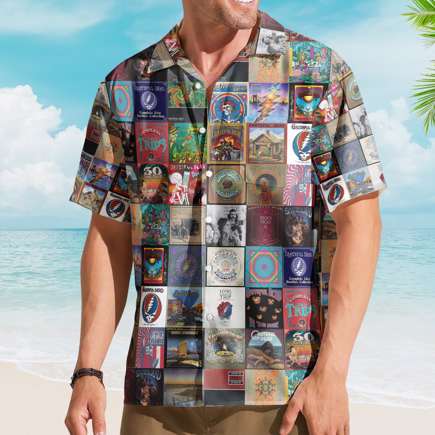 Grateful Dead Album Covers Hawaiian Shirt - Unisex Retro Music Album Art Mosaic Grid Colorful Button Up