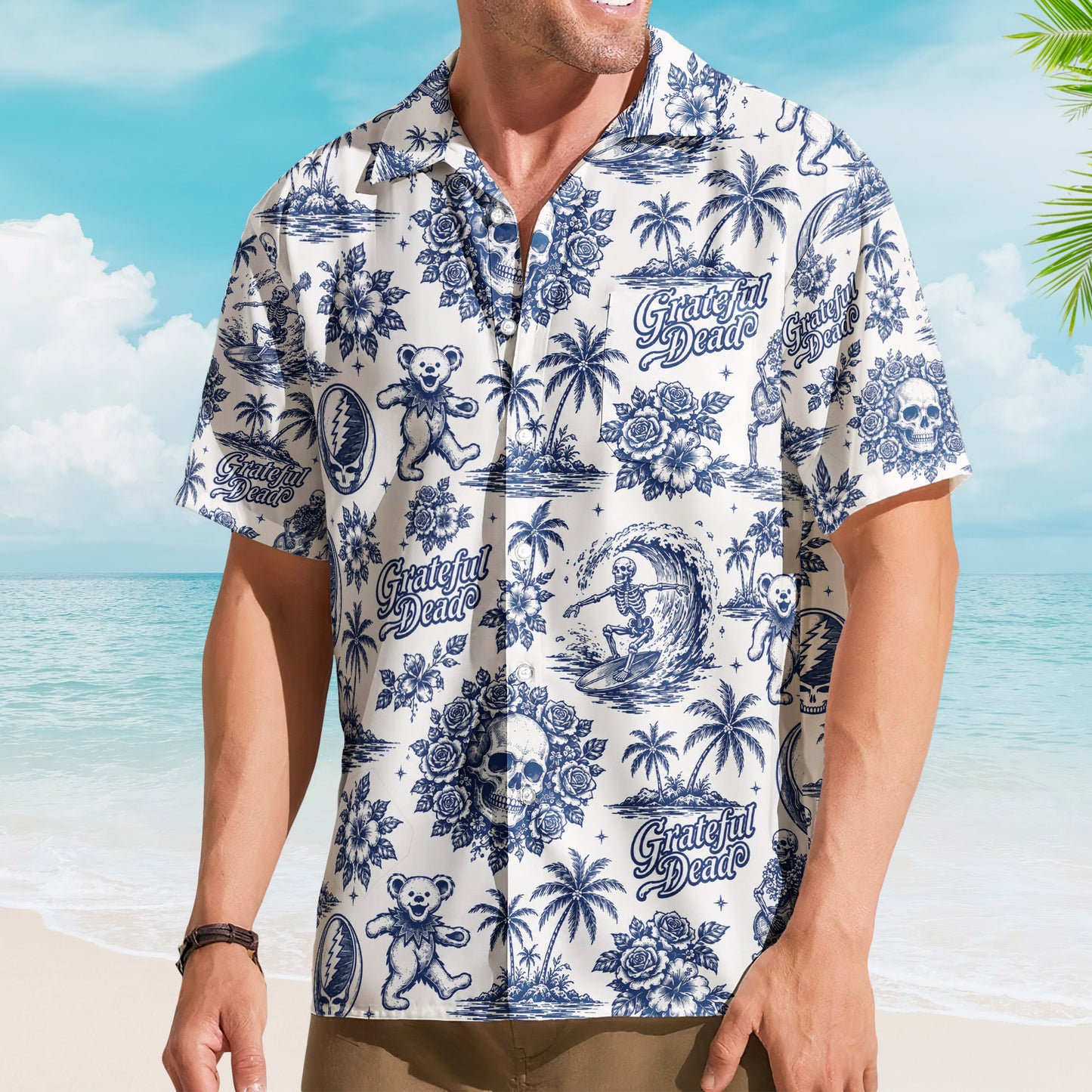 Grateful Dead Blue And White Porcelain Dancing Bears Hawaiian Shirt - Unisex Retro Surfing Skeleton Stealie Blue Willow Button Up