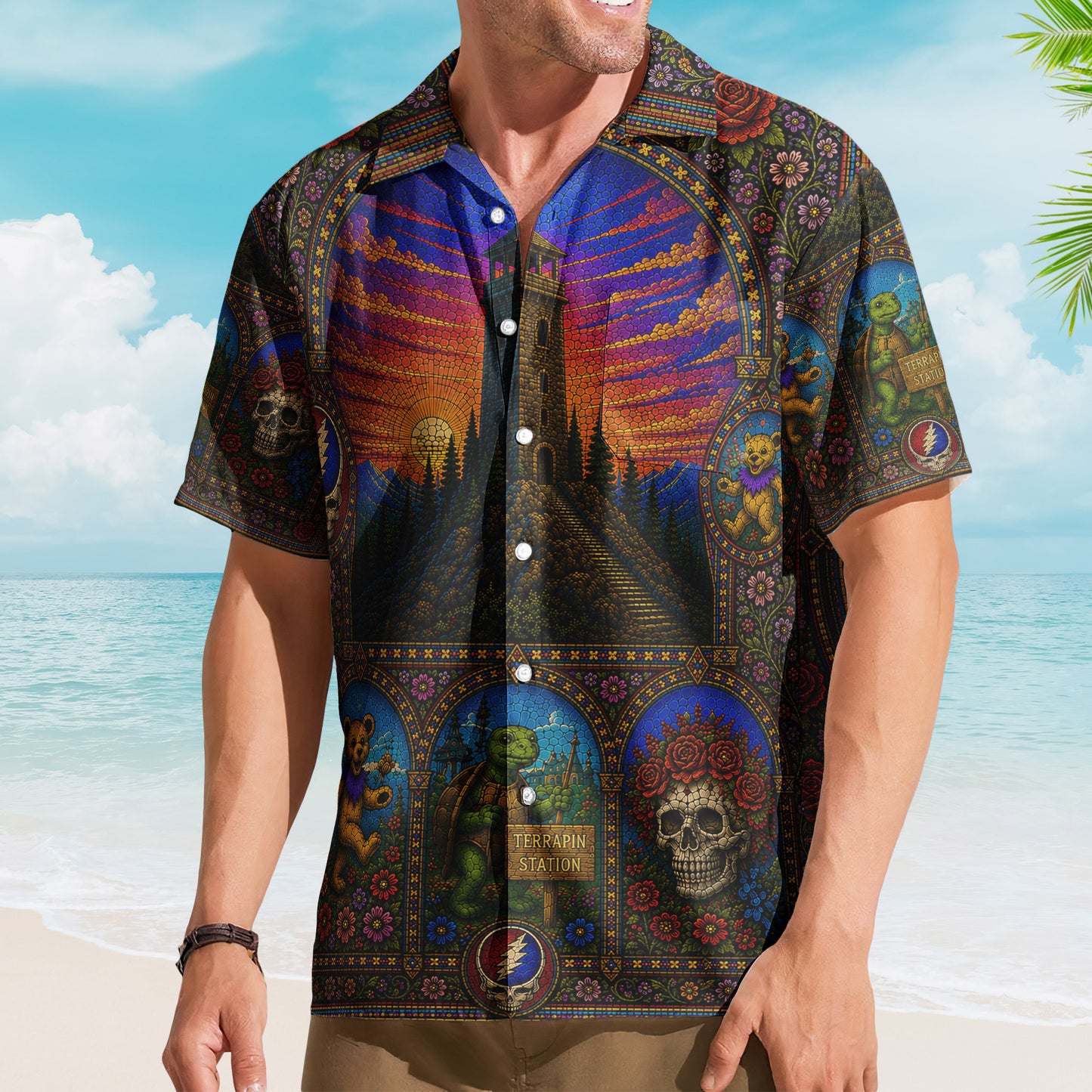 Grateful Dead Psychedelic Rock Concert Hawaiian Shirt - Unisex Gothic Stained Glass Dancing Bears Beach Button Up