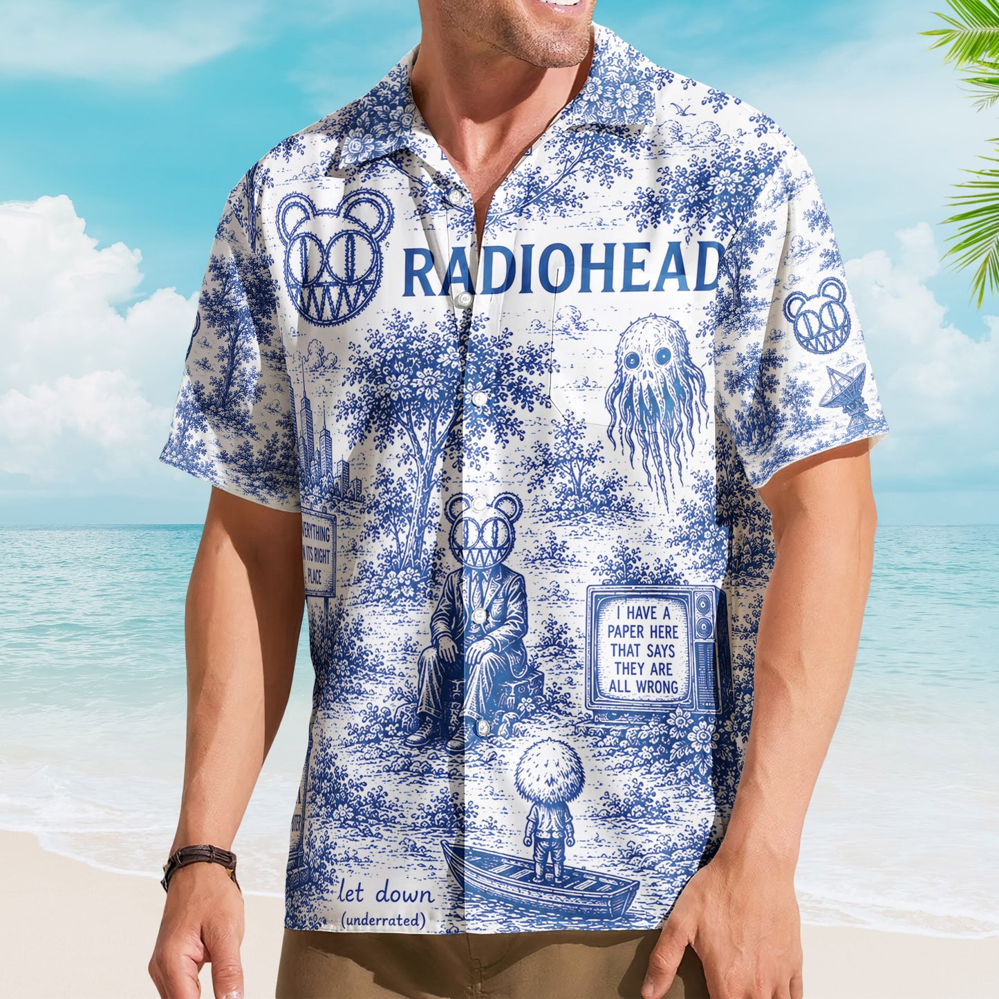 Radiohead Hawaiian Shirt - Unisex Modified Bear Blue White Porcelain Button Up