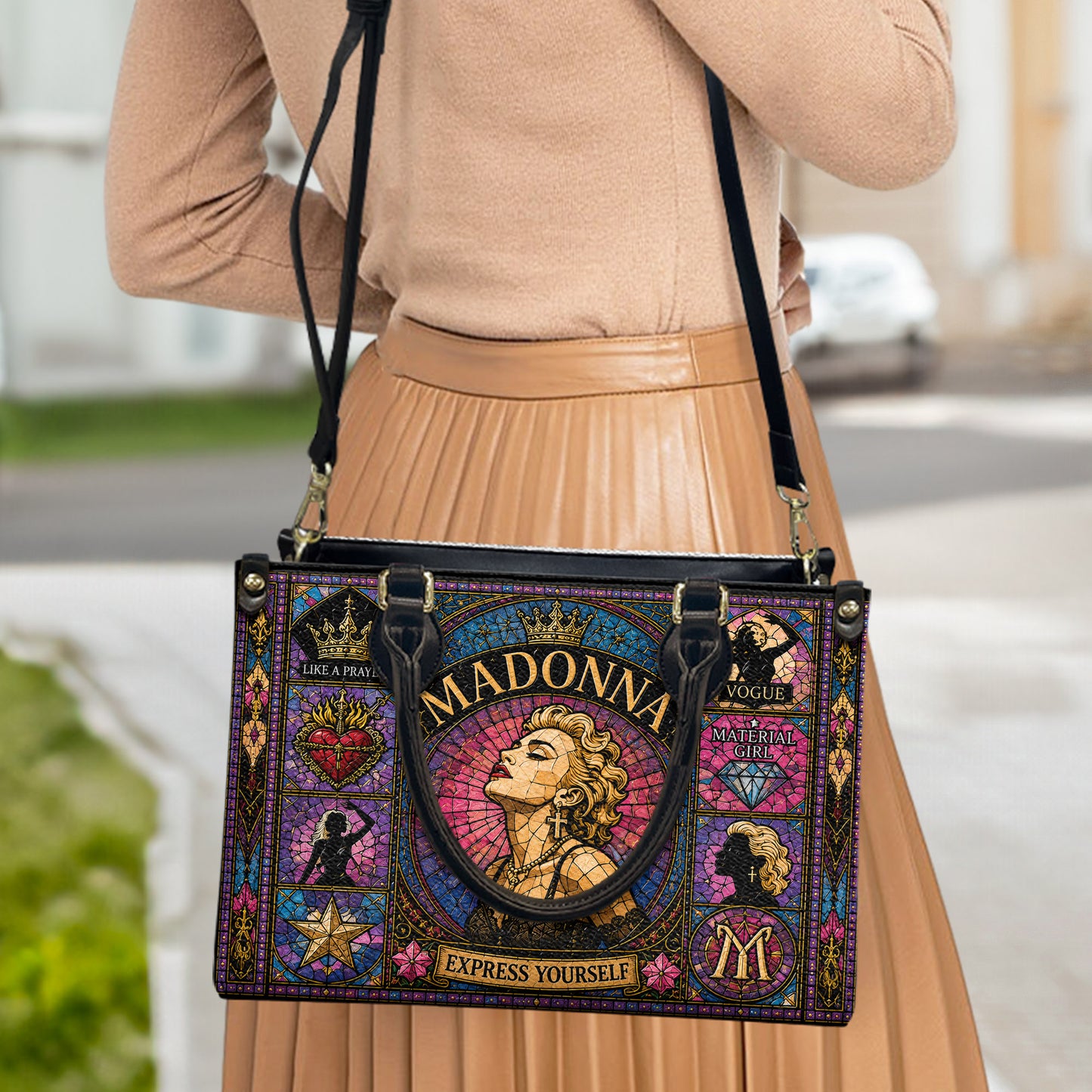 Madonna Leather Handbag, Tote Bag and Wallet Set, Colorful Stained Glass Queen of Pop Design, Vintage Pop Music Fan Gift