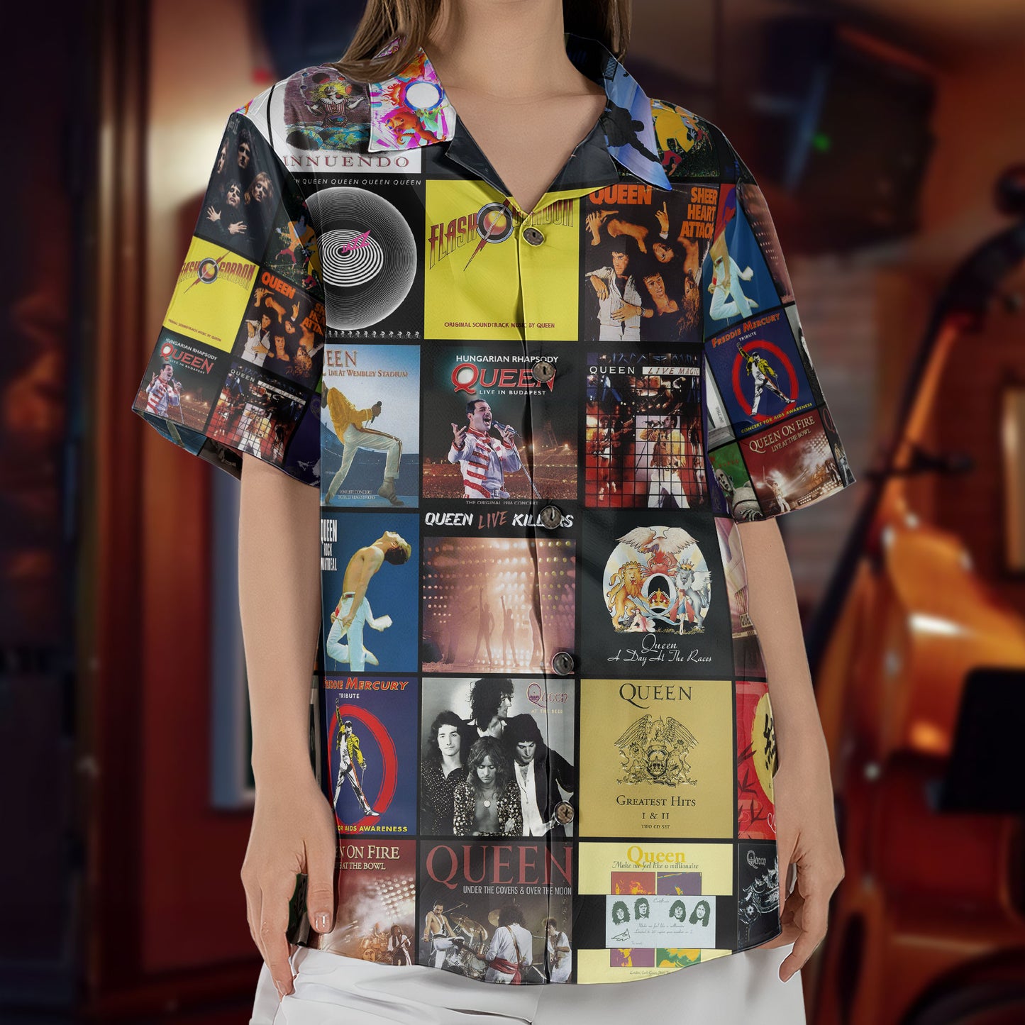 Queen Hawaiian Shirt – Album Cover Collage Classic Rock Summer Button Up