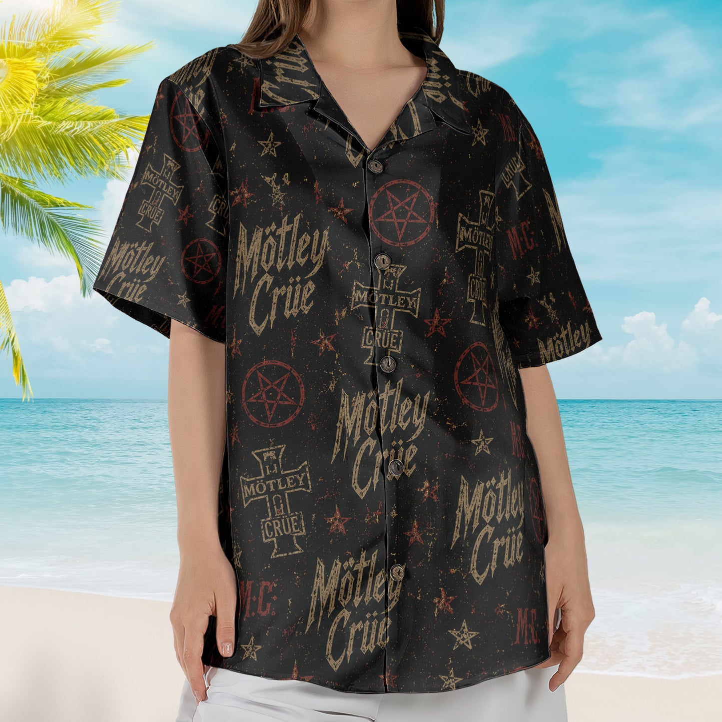 Motley Crue Hawaiian Shirt - Unisex Retro Shout At The Devil Iron Cross All-Over Print Button Up
