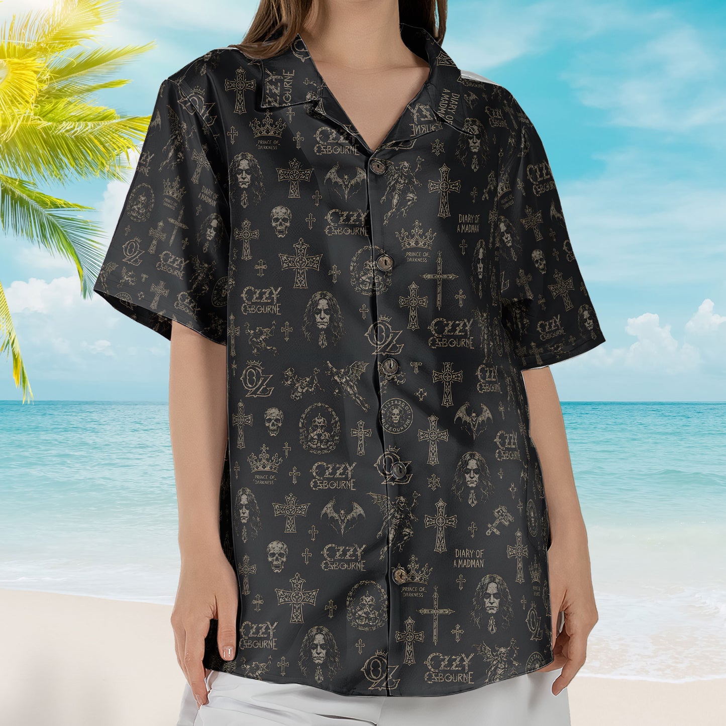 Ozzy Osbourne Hawaiian Shirt - Unisex Retro Prince of Darkness Gothic Cross Button Up