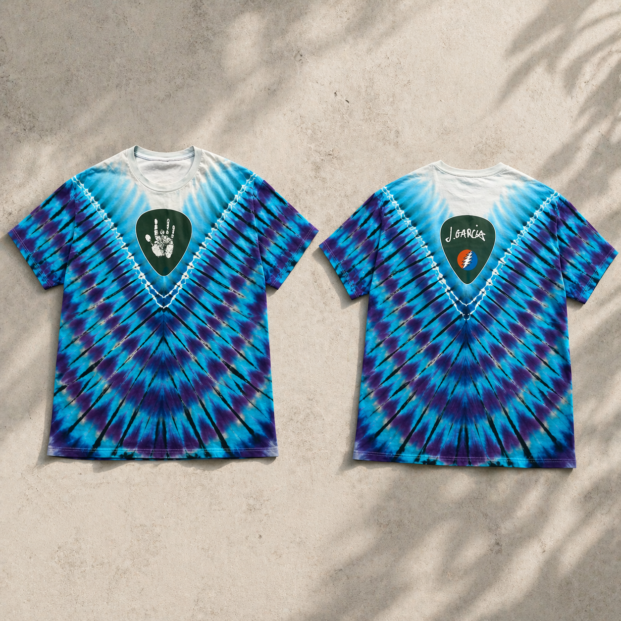 Jerry Garcia Tie-Dye Accent Tee – Psychedelic Lightning Bolt Guitar Pick Design