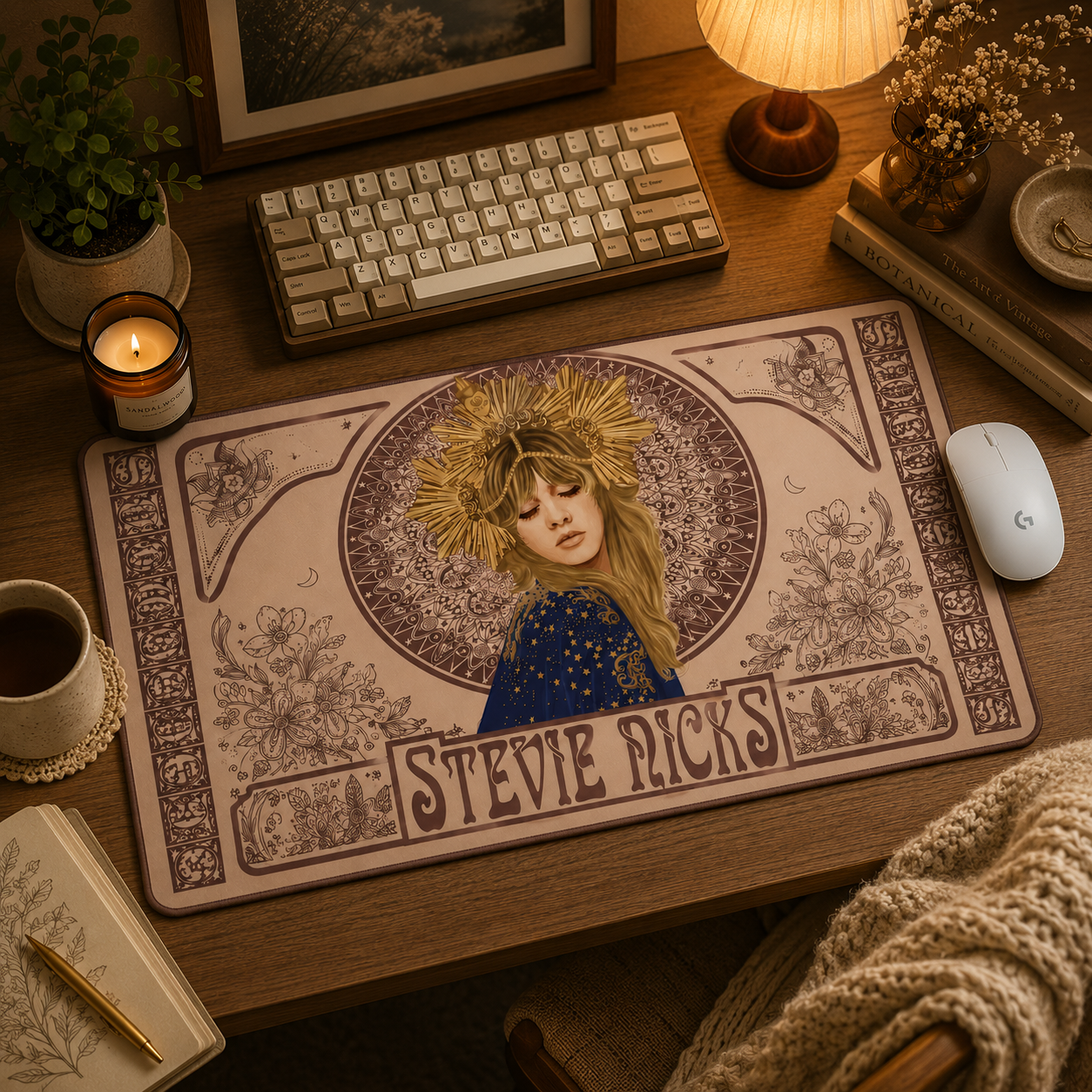 Stevie Nicks Vintage Art Desk Mat – Boho Mystic Keyboard Pad for Music Lovers