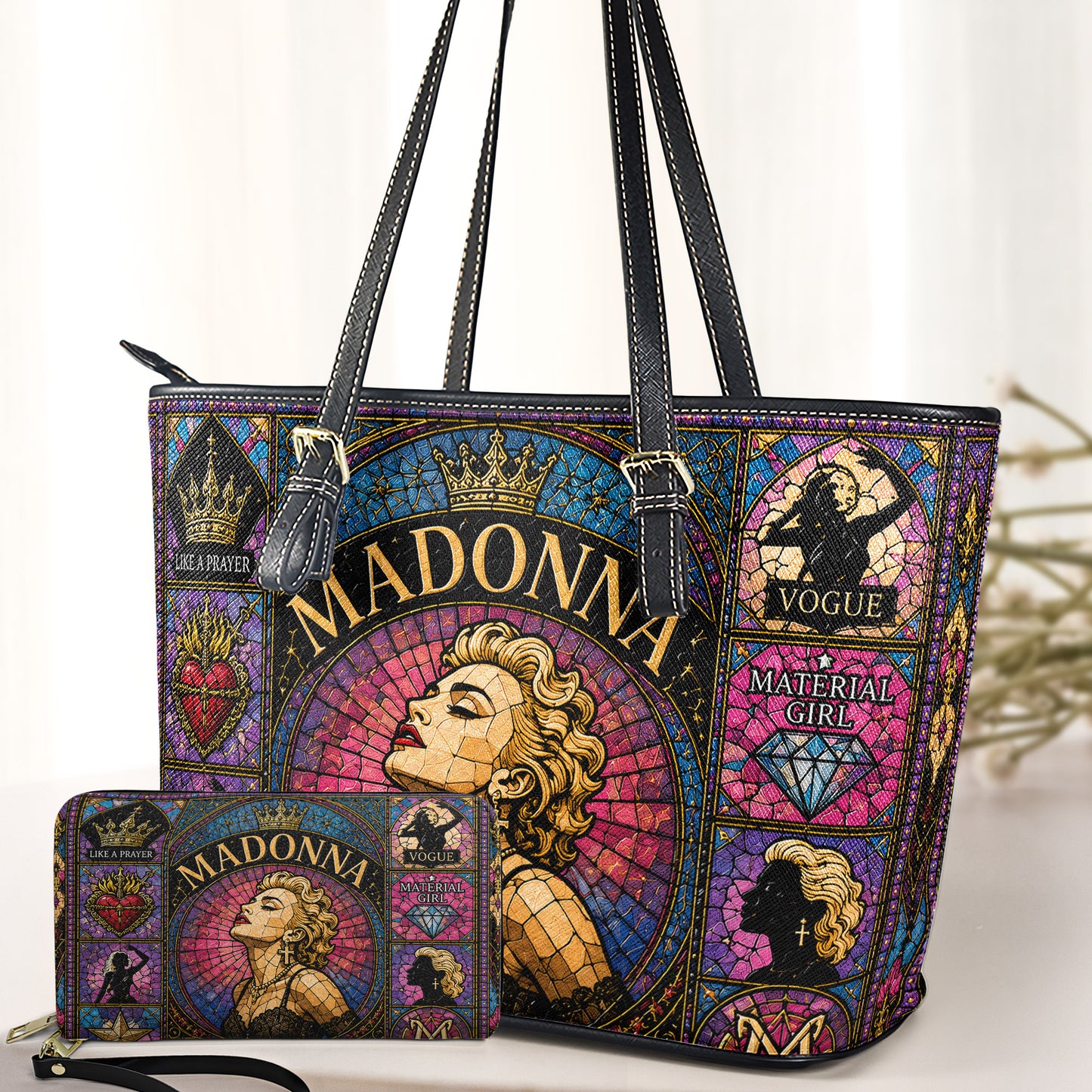 Madonna Leather Handbag, Tote Bag and Wallet Set, Colorful Stained Glass Queen of Pop Design, Vintage Pop Music Fan Gift