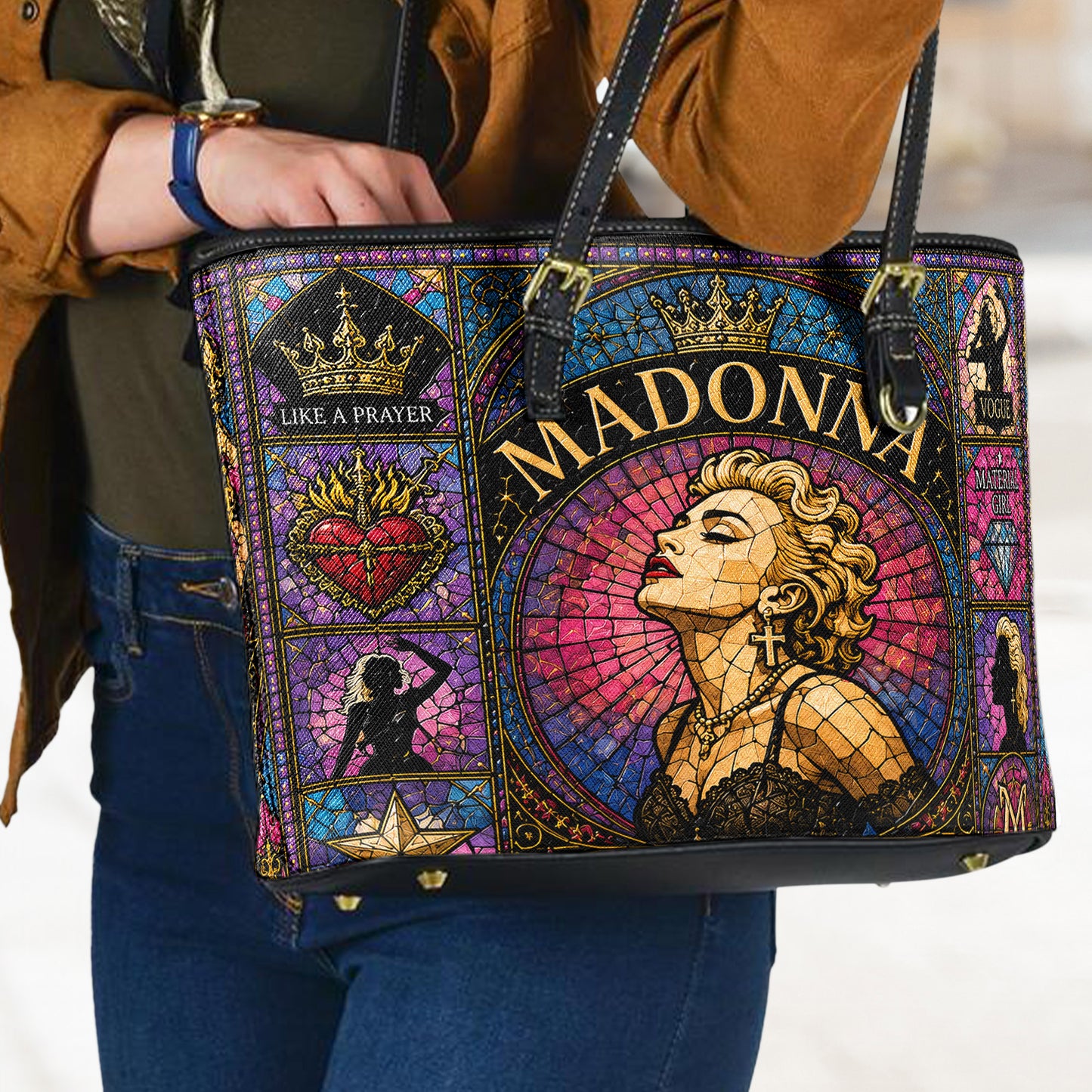 Madonna Leather Handbag, Tote Bag and Wallet Set, Colorful Stained Glass Queen of Pop Design, Vintage Pop Music Fan Gift