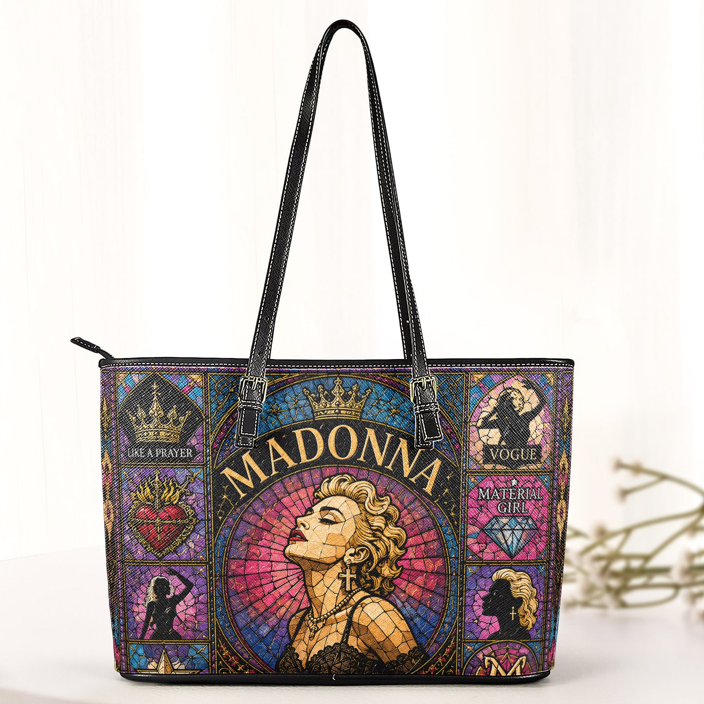 Madonna Leather Handbag, Tote Bag and Wallet Set, Colorful Stained Glass Queen of Pop Design, Vintage Pop Music Fan Gift