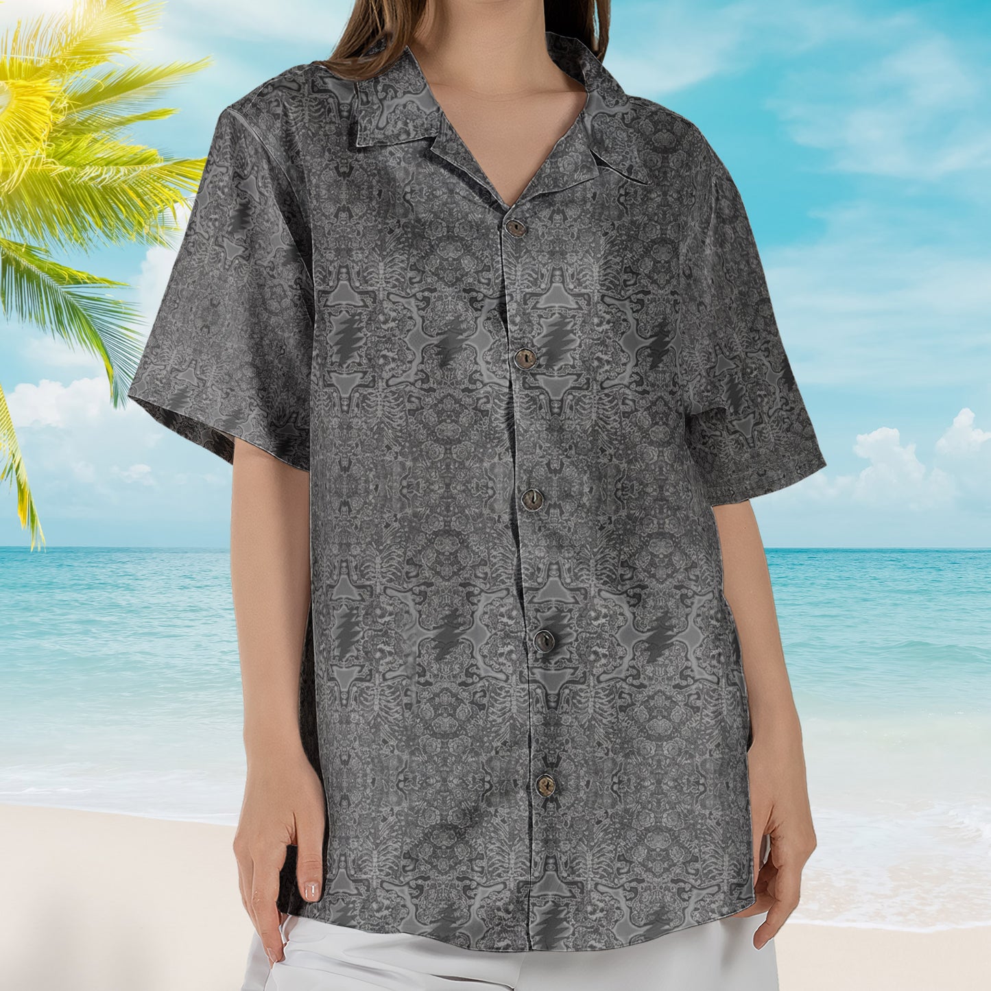Grateful Dead Inspried Unisex Hawaiian Shirt – Psychedelic Skull and Roses All-Over Print Button-Up