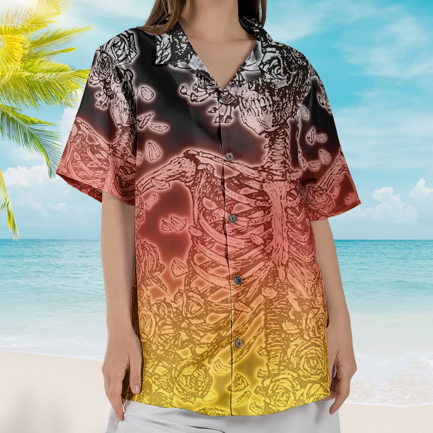 Grateful Dead Woodcut Sunset Bertha Skull and Roses Hawaiian Shirt – Retro Music Album Art Inspired Shirt