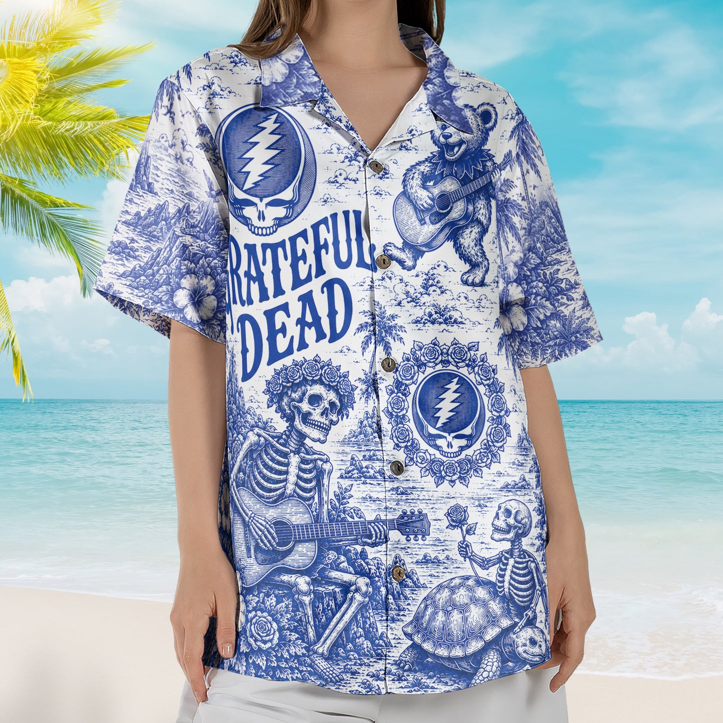 Grateful Dead Blue White Hawaiian Shirt - Unisex Vintage Terrapin Turtle Skeleton Blue Willow Button Up
