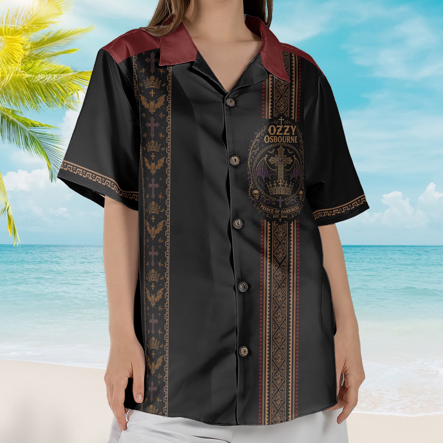 Ozzy Osbourne Hawaiian Shirt - Unisex Retro Bats Crowns Gothic Vertical Stripe Summer Button Up