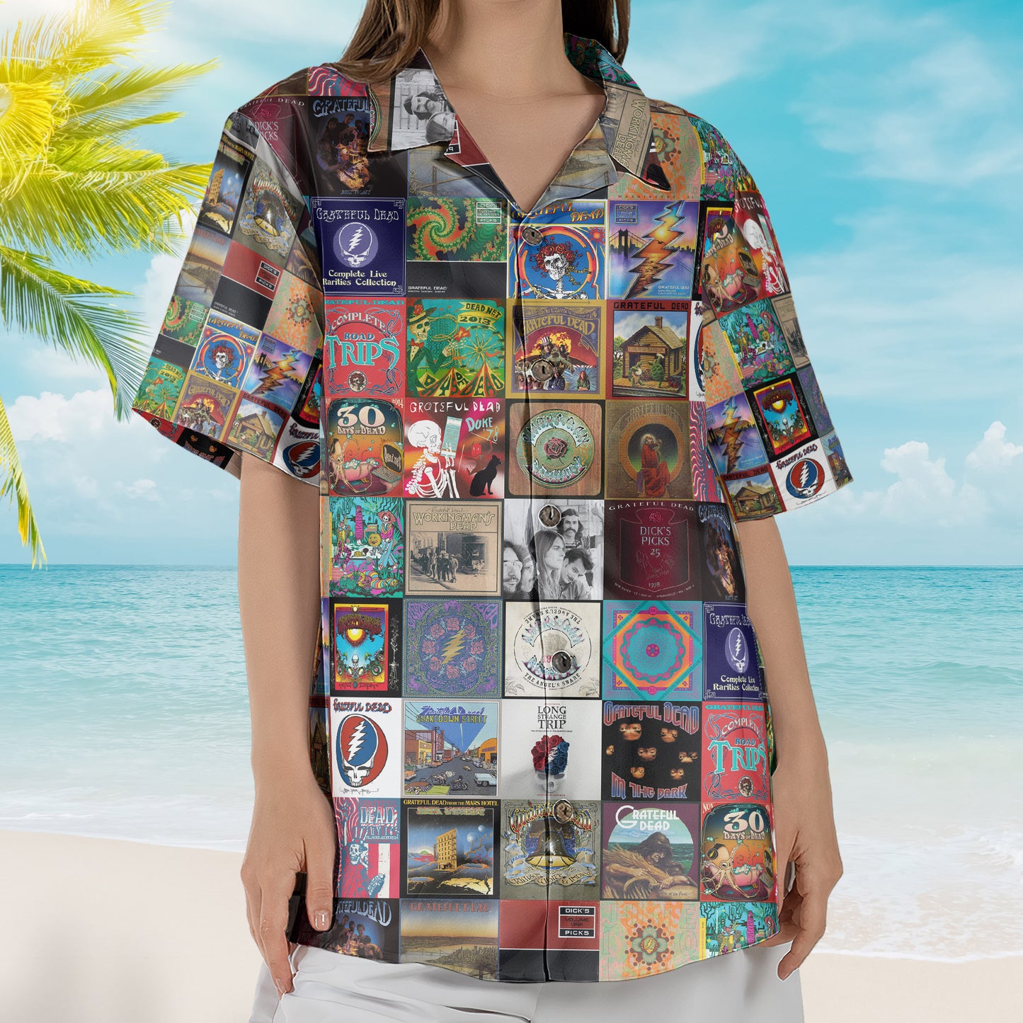 Grateful Dead Album Covers Hawaiian Shirt - Unisex Retro Music Album Art Mosaic Grid Colorful Button Up