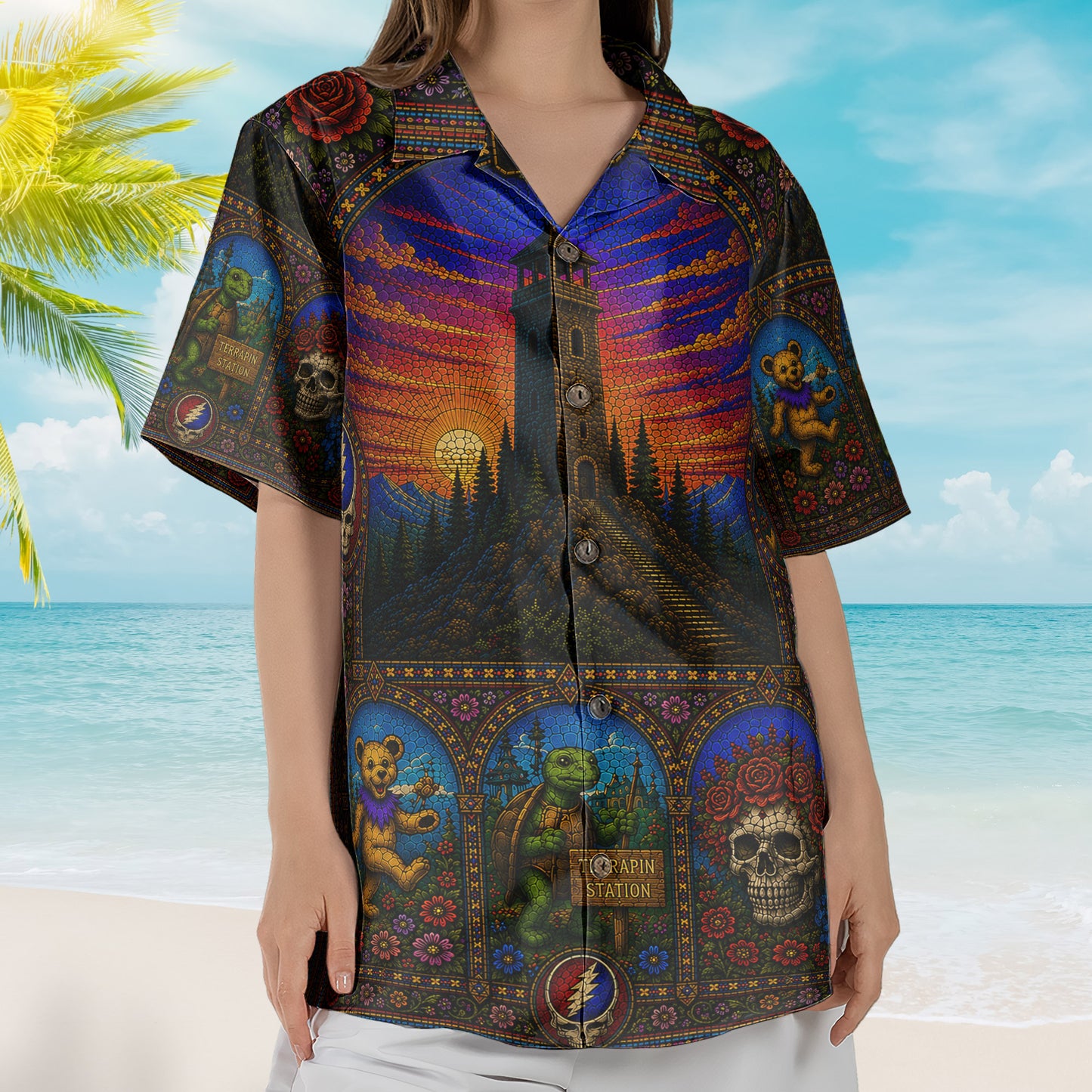 Grateful Dead Psychedelic Rock Concert Hawaiian Shirt - Unisex Gothic Stained Glass Dancing Bears Beach Button Up