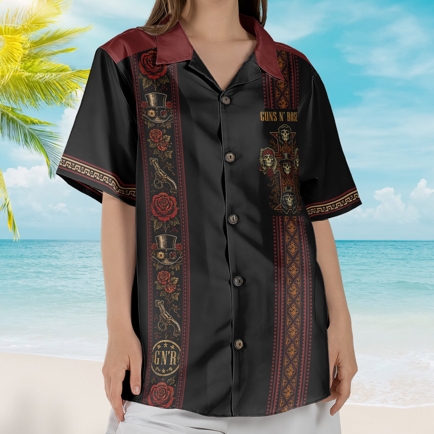 Guns N Roses Hawaiian Shirt - Unisex Black Burgundy Slash Top Hat Skull Summer Button Up