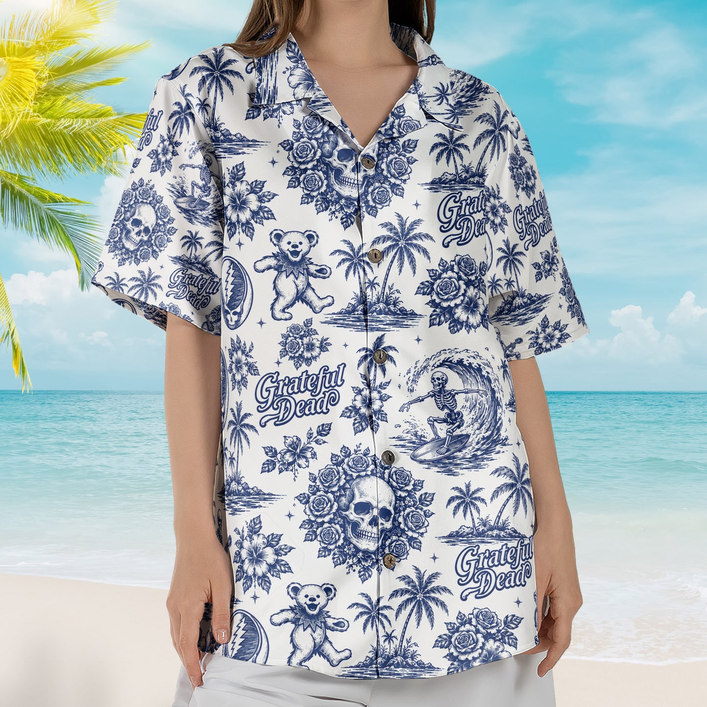 Grateful Dead Blue And White Porcelain Dancing Bears Hawaiian Shirt - Unisex Retro Surfing Skeleton Stealie Blue Willow Button Up