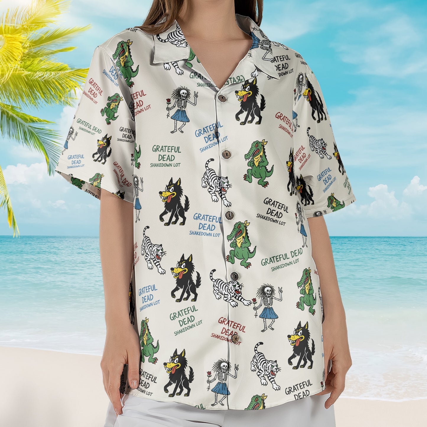 Grateful Dead Hawaiian Shirt - Unisex Cream Dancing Skeleton Summer Button Up