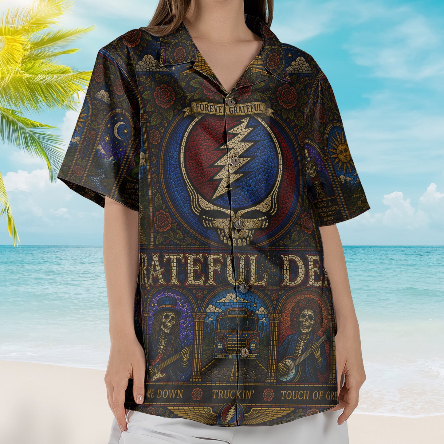 Grateful Dead Hawaiian Shirt - Unisex Retro Steal Your Face Cathedral Window Button Up