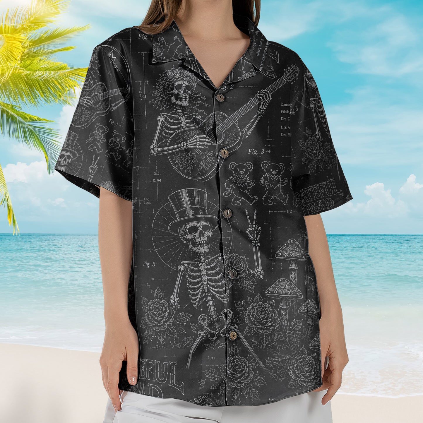 Grateful Dead Black Dancing Bears Patent Sketch Hawaiian Shirt - Unisex Retro Stealie Skull Skeleton Button Up