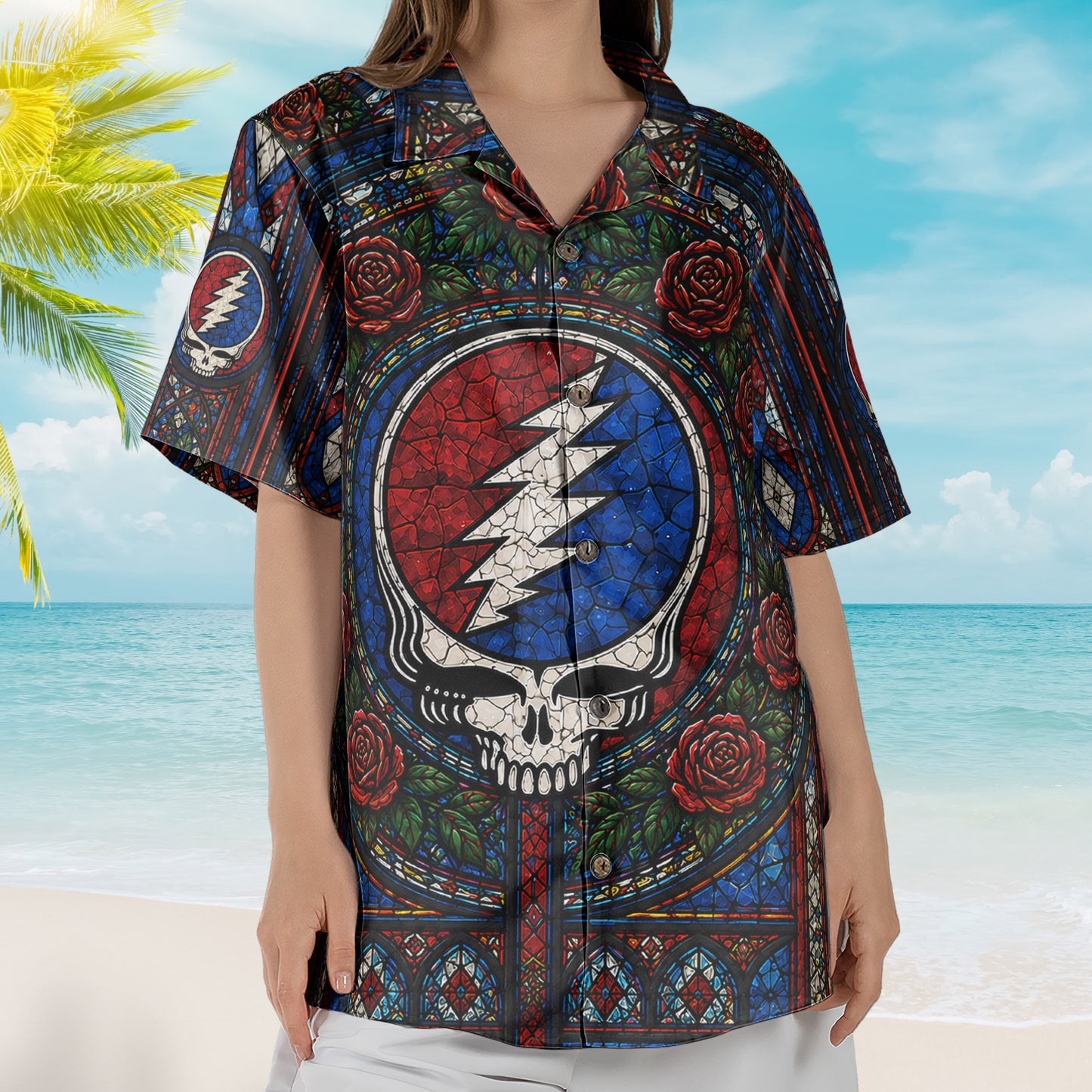 Grateful Dead Steal Your Face Hawaiian Shirt - Unisex Stained Glass Window Stealie Skull Lightning Bolt Button Up