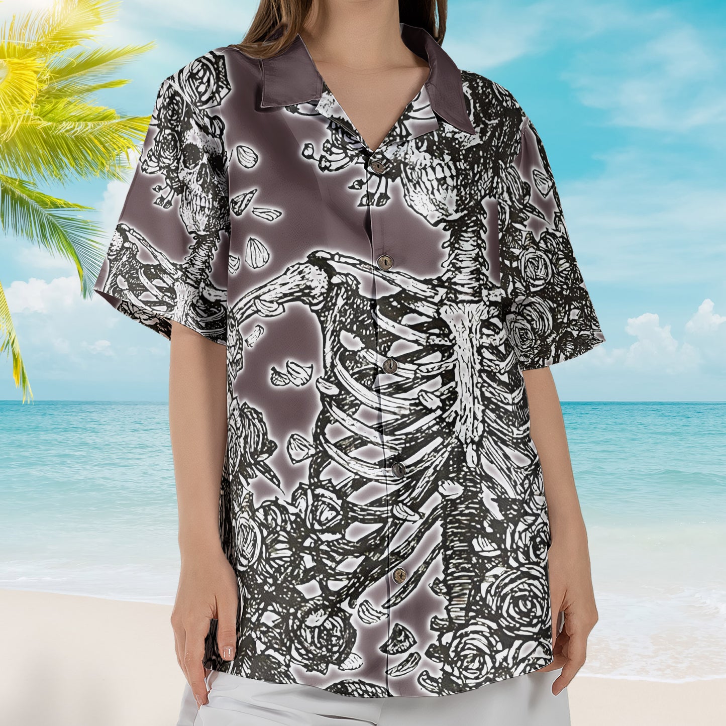 Grateful Dead Skull and Roses Hawaiian Shirt - Skeleton Bertha Gothic Charcoal Linework Beach Shirt - Retro Music Album Art Inspired