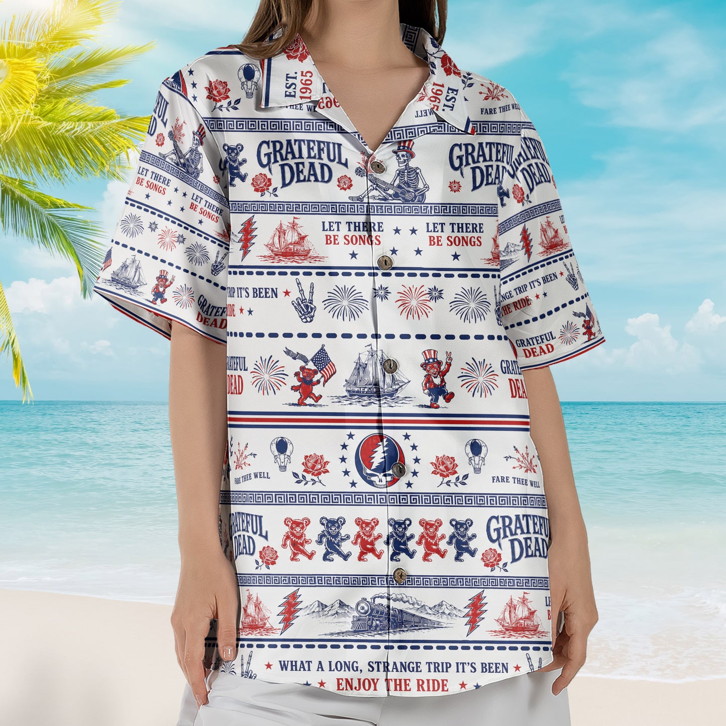 Grateful Dead Hawaiian Shirt - Unisex Americana Stealie Skull Red White Blue Summer Button Up