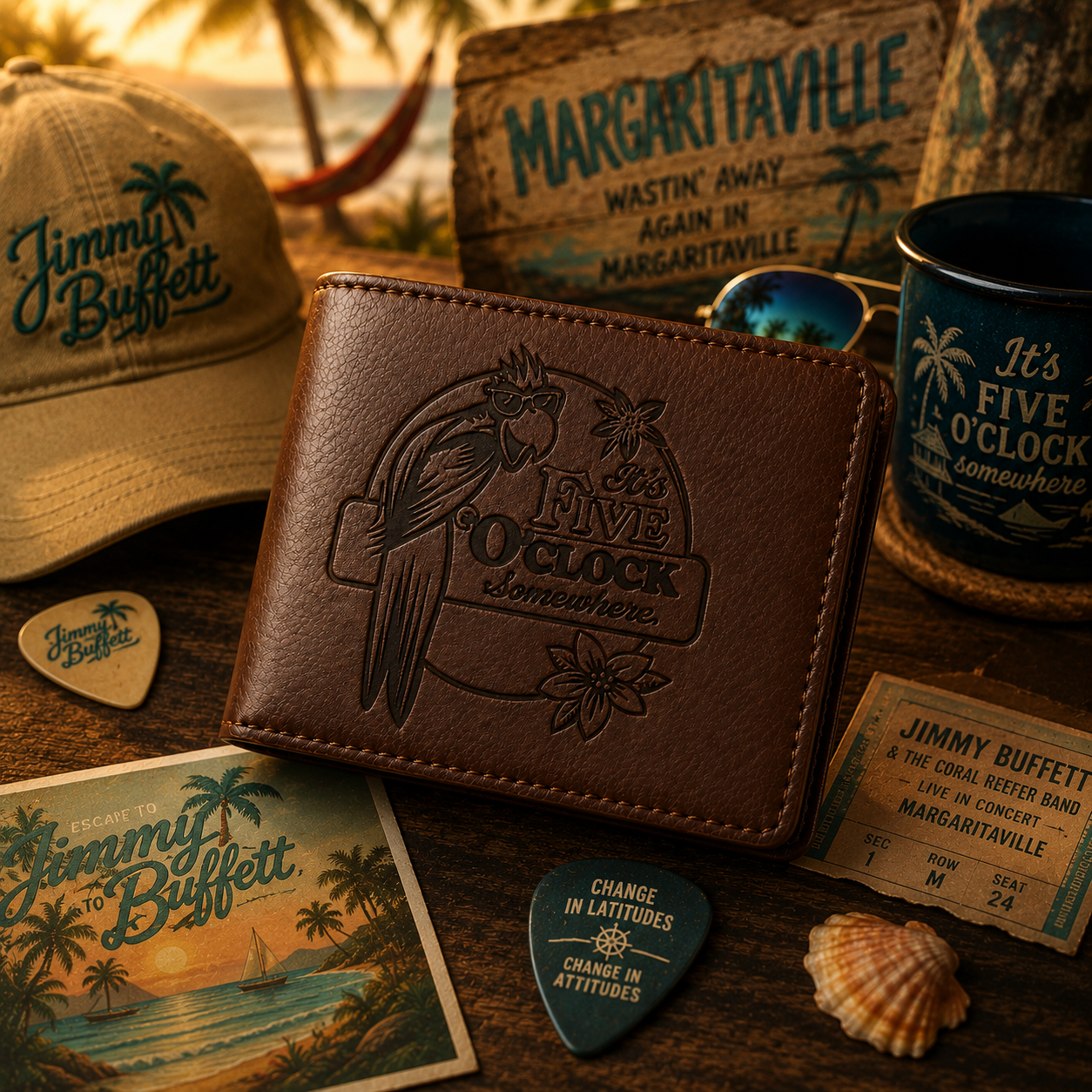 It's 5 O' Clock Some Where Wallet – Jimmy Buffet Inspired Leather Wallet (With Box)